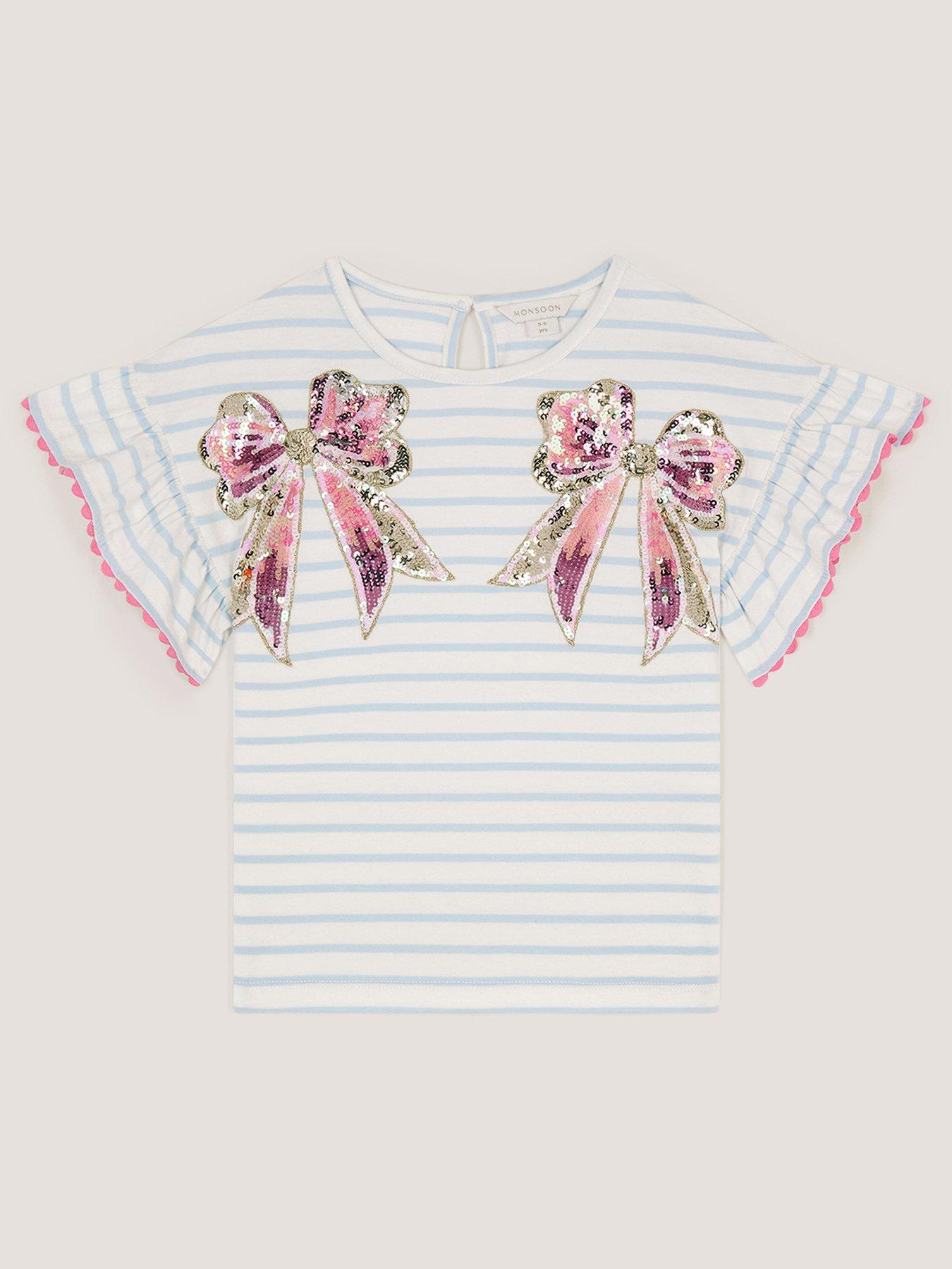 Monsoon Girls Short Sleeve Stripe Sequin Bow Embroidered Tshirt - Light Cream
