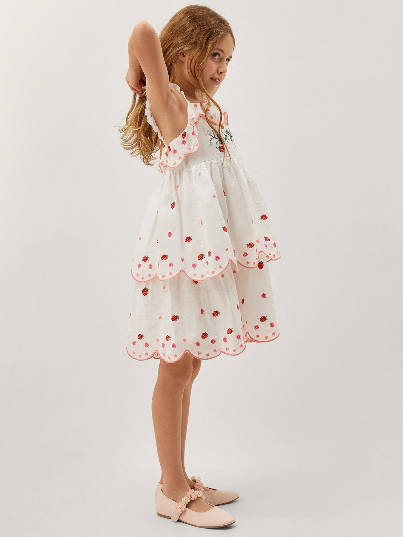 Monsoon Girls Strawberry Embroidered Tierred Dress - Light Cream