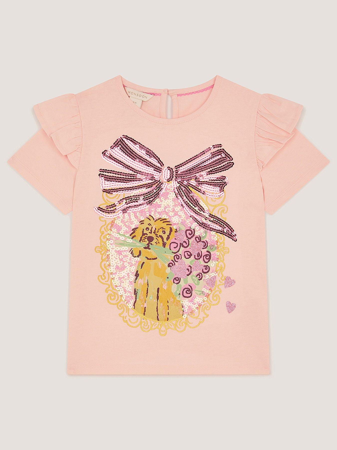 Monsoon Girls Short Sleeve Sequin Bow Dog Tshirt - Pink