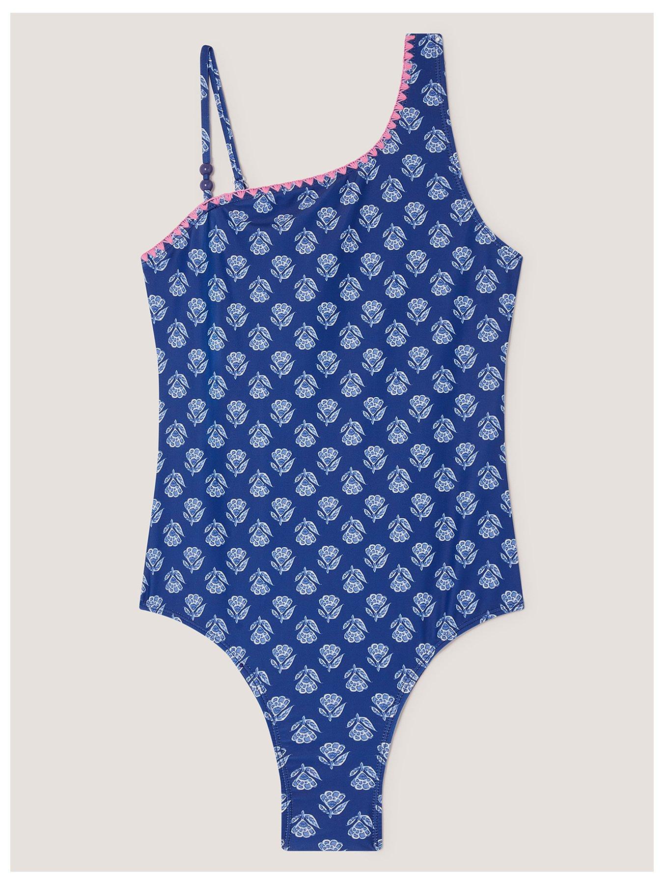Monsoon Girls Woodblock 1 Shoulder Swimsuit, Navy, Size Age: 15 Years
