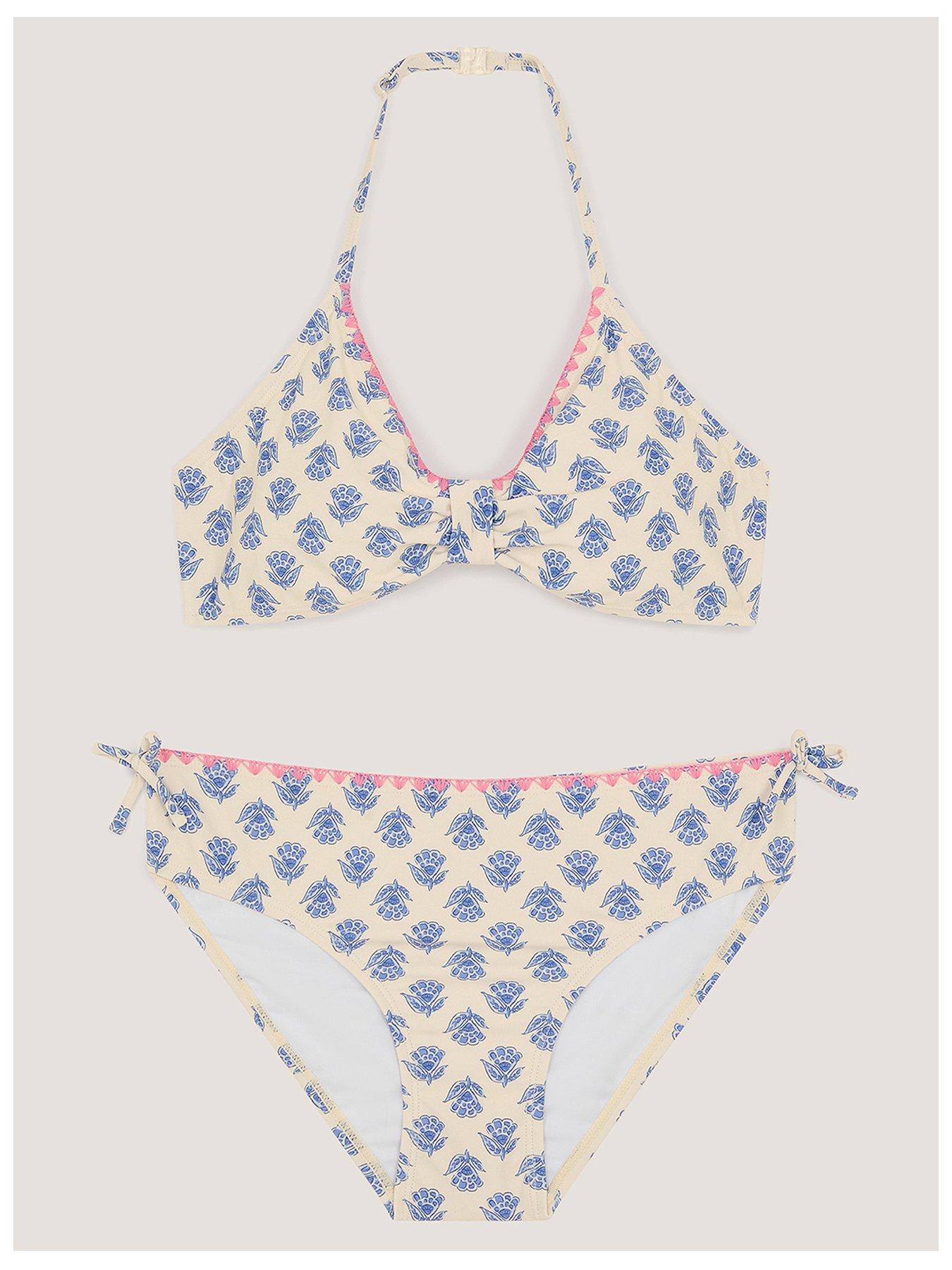 Monsoon Girls Woodblock Print Bikini, White, Size Age: 15 Years