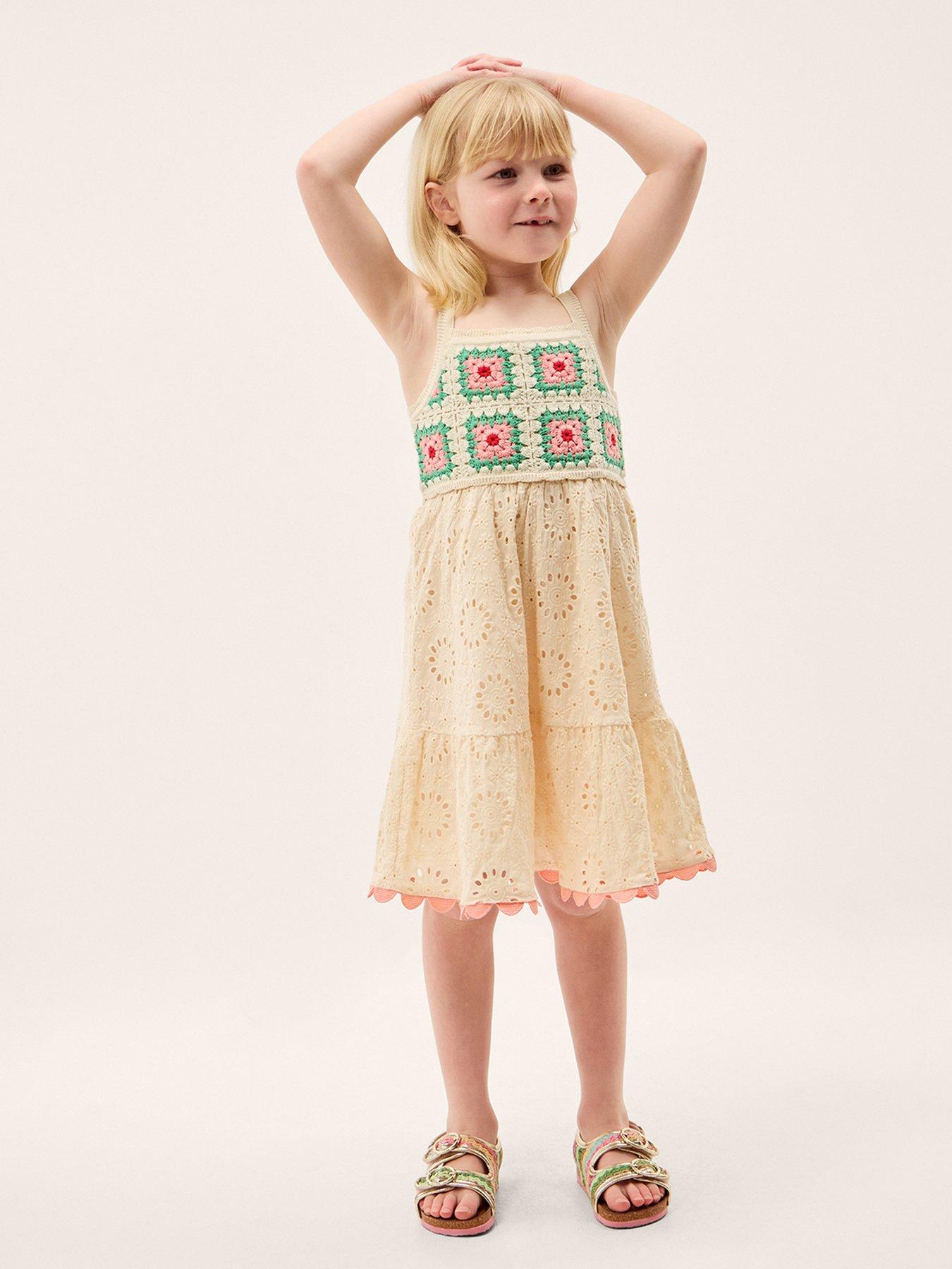 Monsoon Girls Crochet Broderie Dress, White, Size 9-10 Years