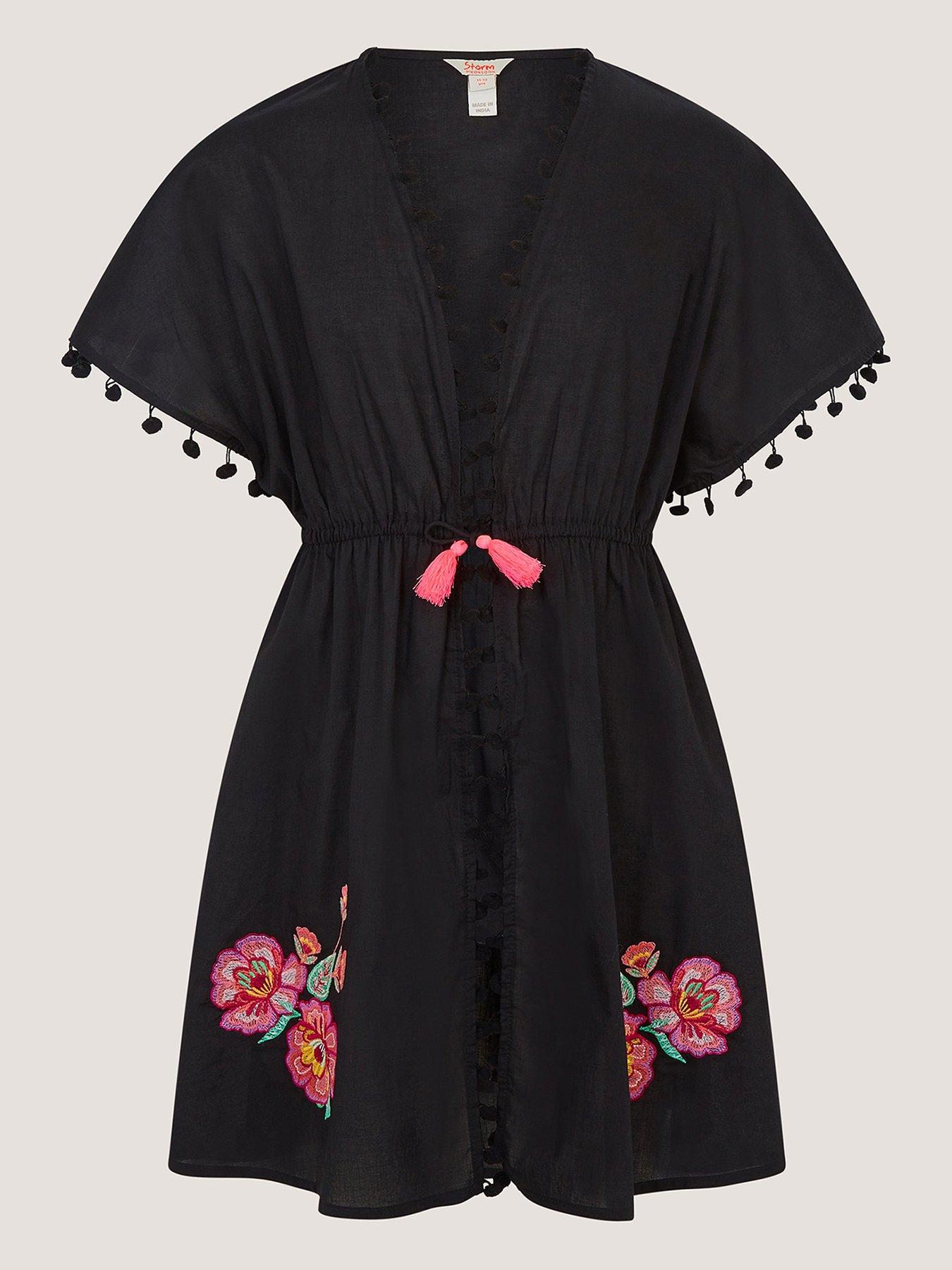 Monsoon Girls Storm Embroidered Kaftan, Black, Size Age: 13-14 Years