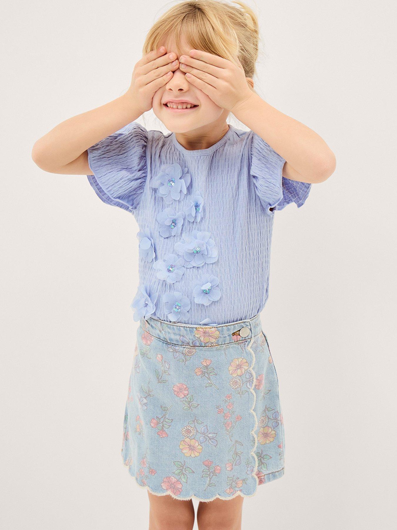 Monsoon Girls Floral Denim Scallop Skort, Blue, Size Age: 3-4 Years