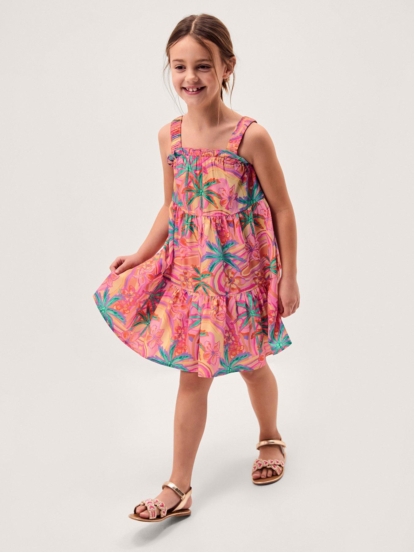 Monsoon Girls Tropical Swirl Swing Dress, Orange, Size 12-13 Years