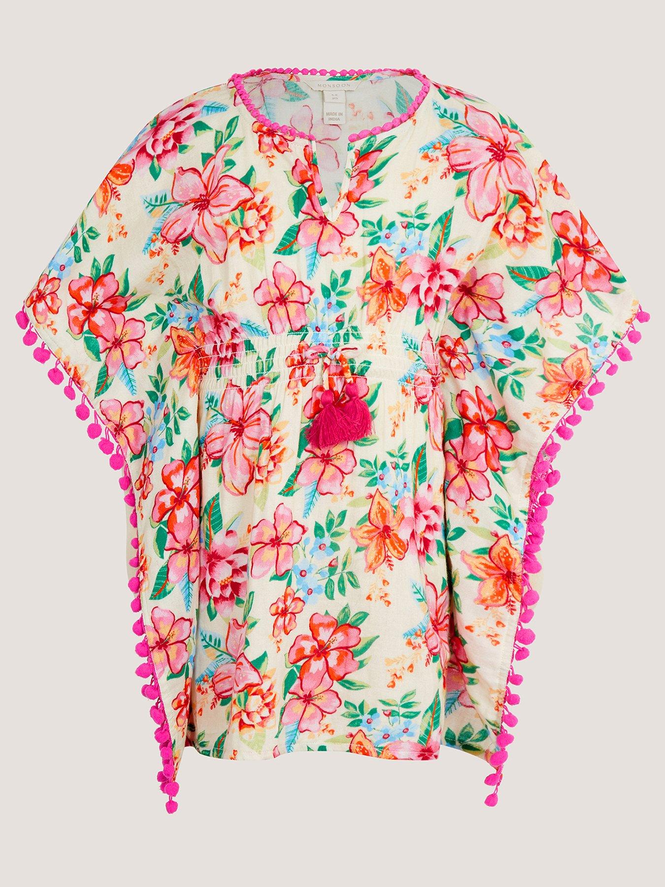 Image 2 of 4 of Monsoon Girls Vintage Floral Print Kaftan - White