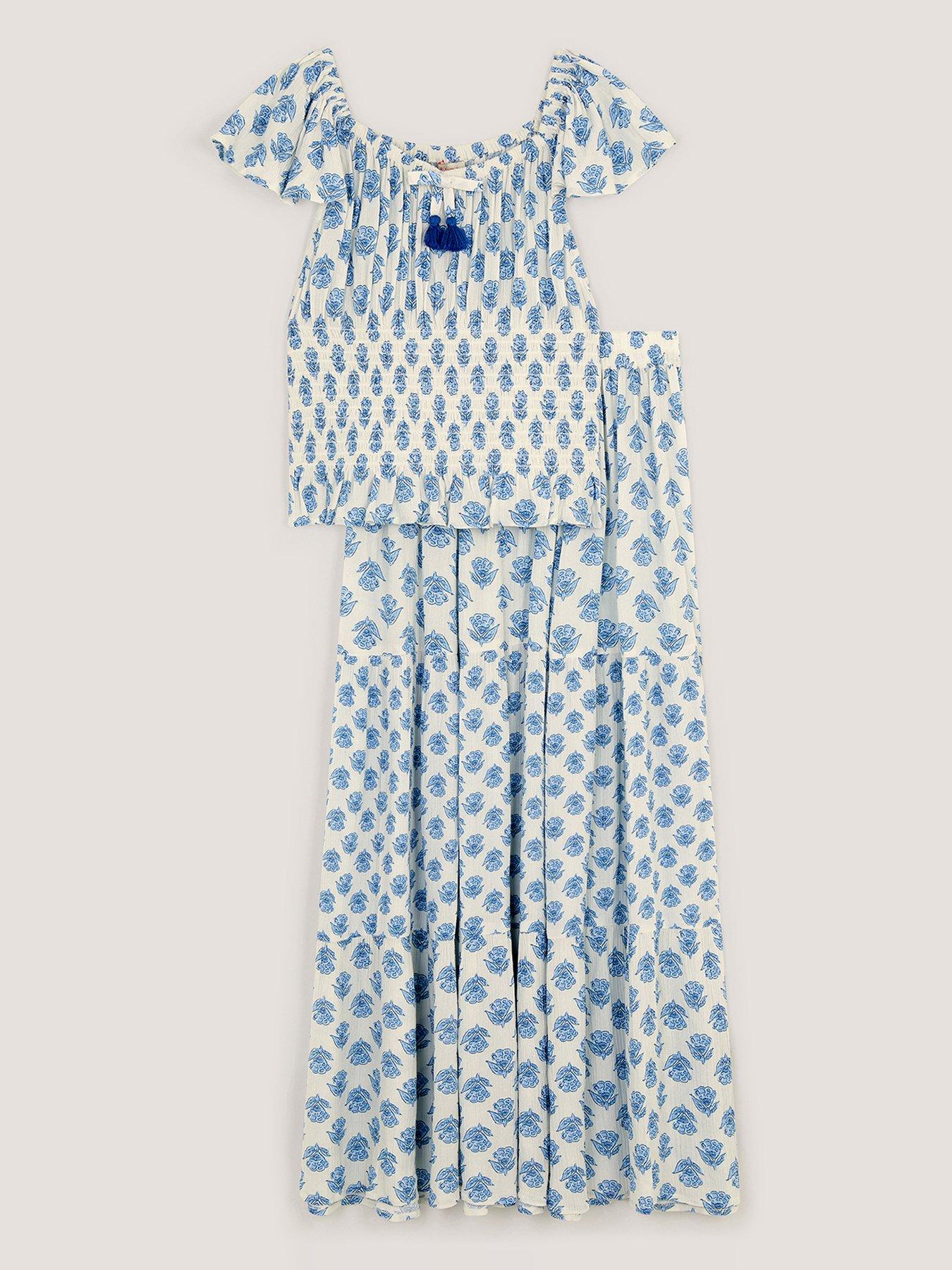 Monsoon Girls Woodblock Maxi Skirt Set, White, Size Age: 11-12 Years