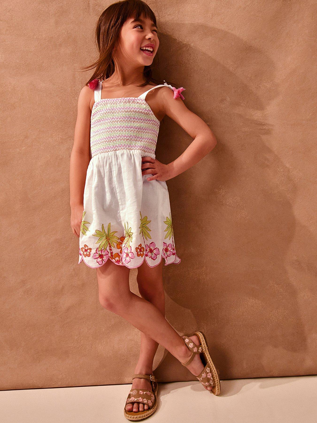 Image 1 of 4 of Monsoon Girls Palm Embroidered Playsuit - Light Cream