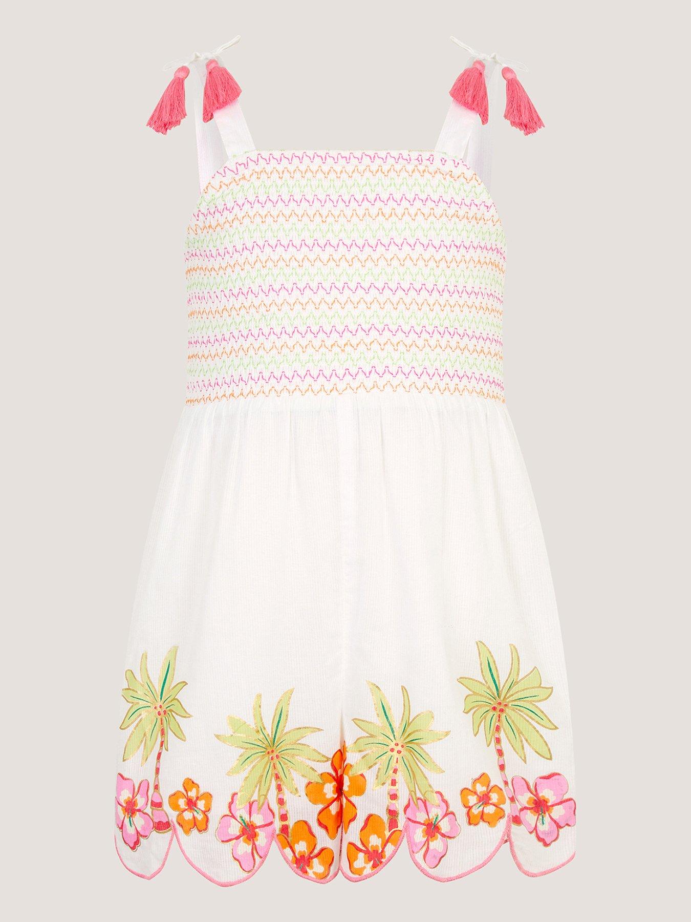 Image 2 of 4 of Monsoon Girls Palm Embroidered Playsuit - Light Cream
