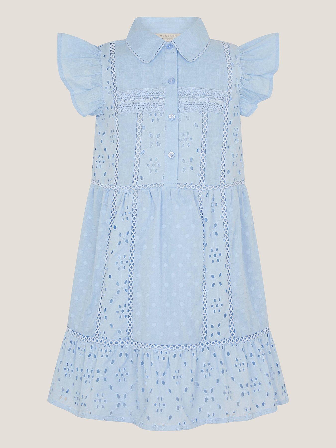 Monsoon Girls Broiderie Button Dress, Blue, Size 9-10 Years