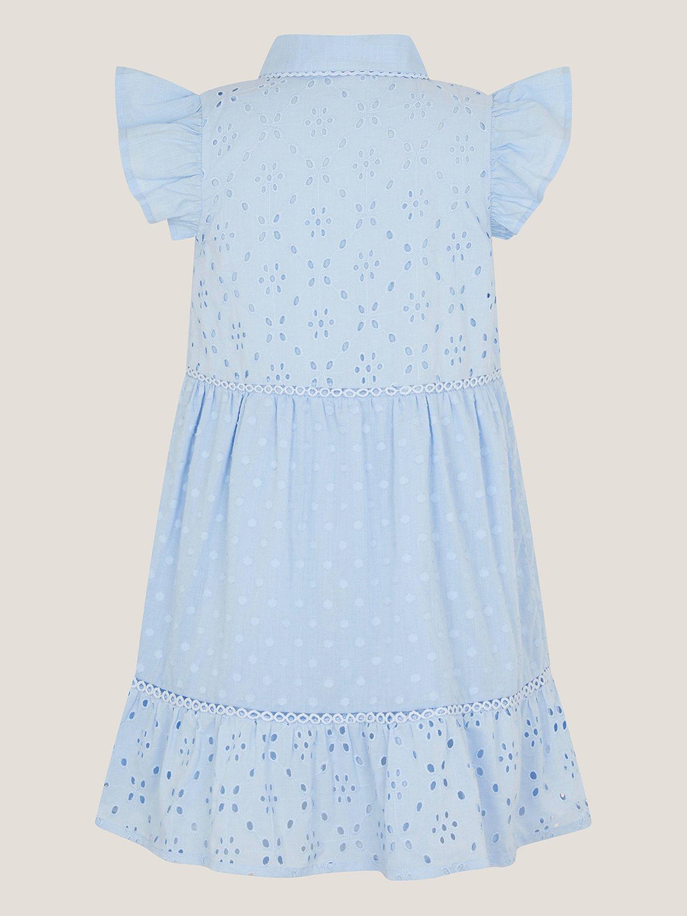 Image 2 of 3 of Monsoon Girls Broiderie Button Dress - Blue