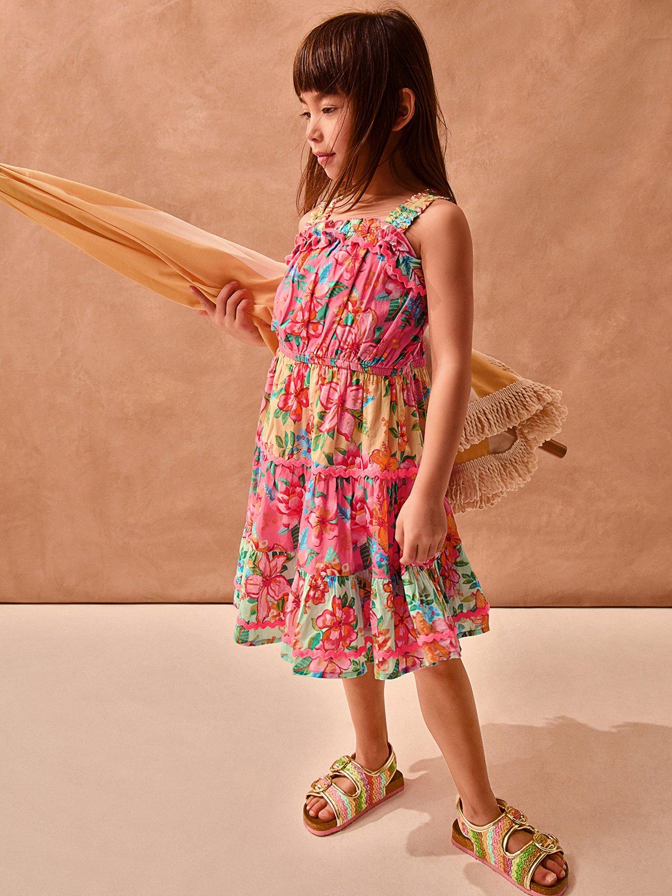 Image 1 of 4 of Monsoon Girls Tropical Colourblock Dress - Pink
