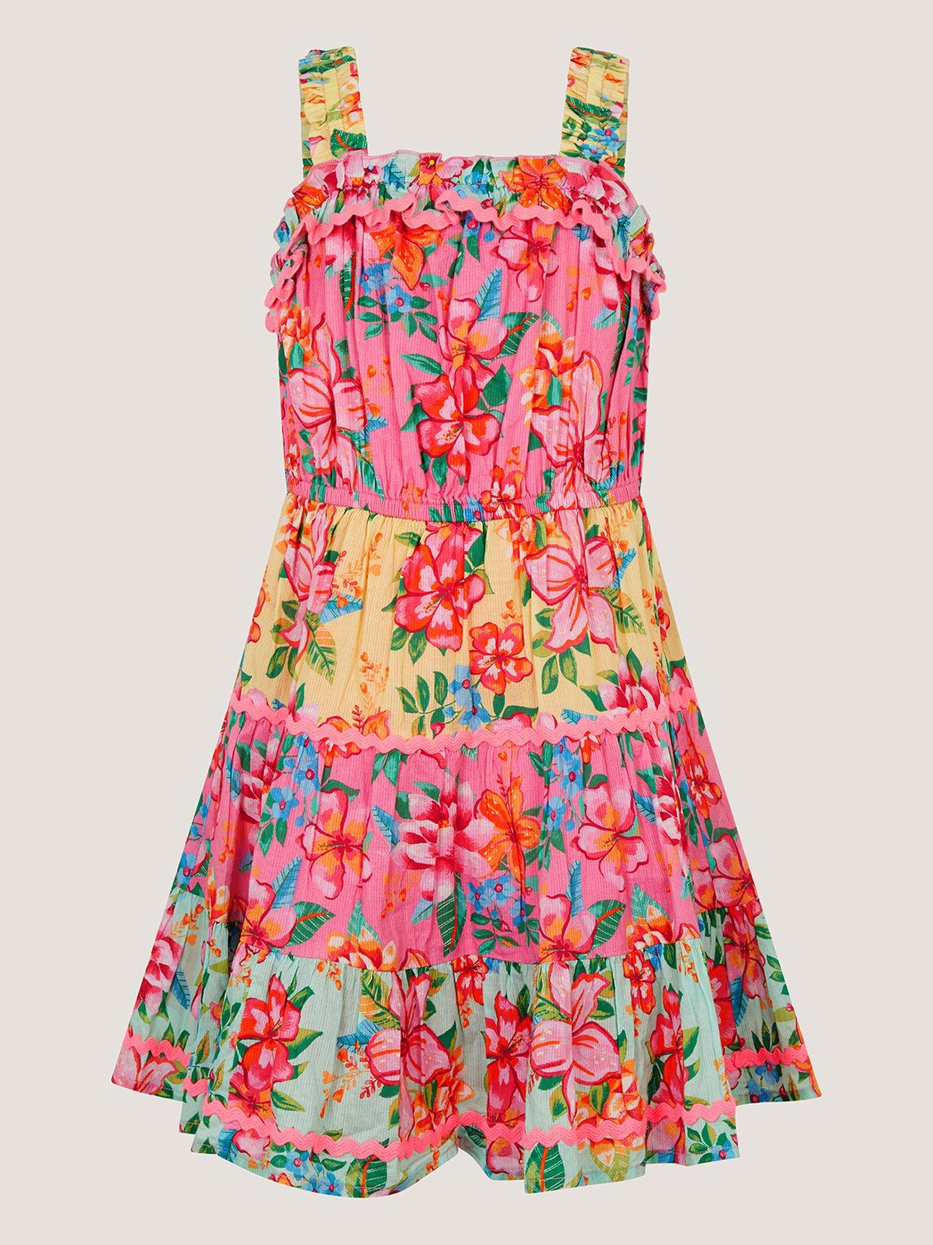 Image 2 of 4 of Monsoon Girls Tropical Colourblock Dress - Pink