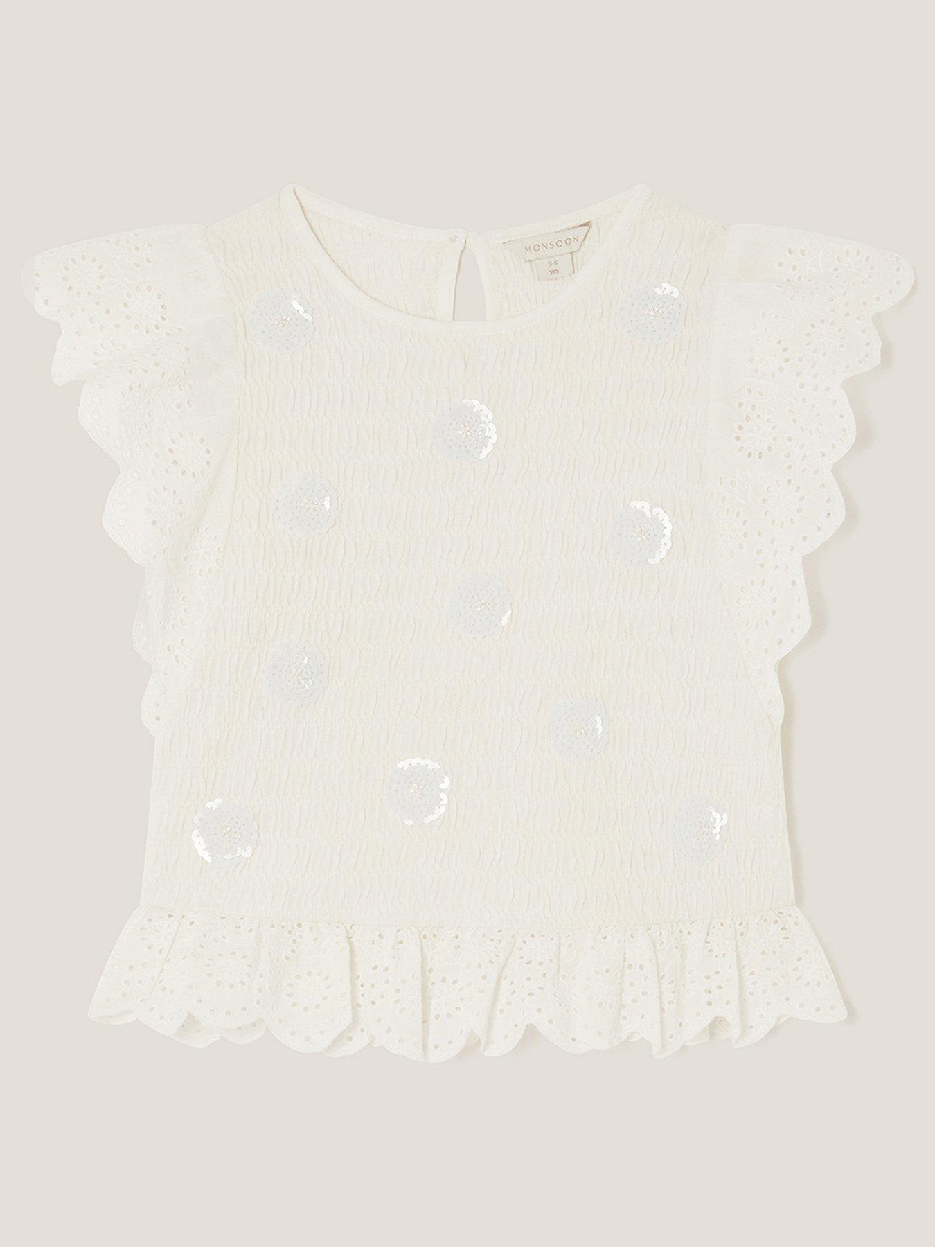 Monsoon Girls Jersey Textured Cluster Embroidered Top - Light Cream