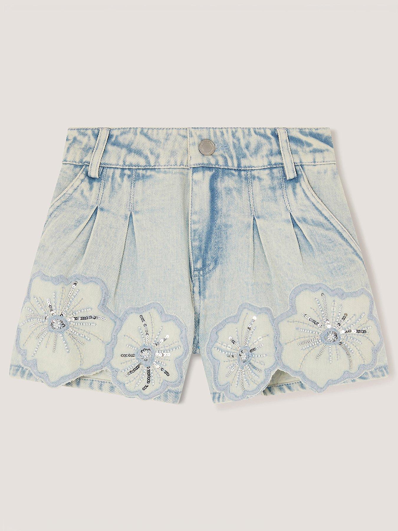 Monsoon Girls Flower Sequin Denim Shorts - Blue
