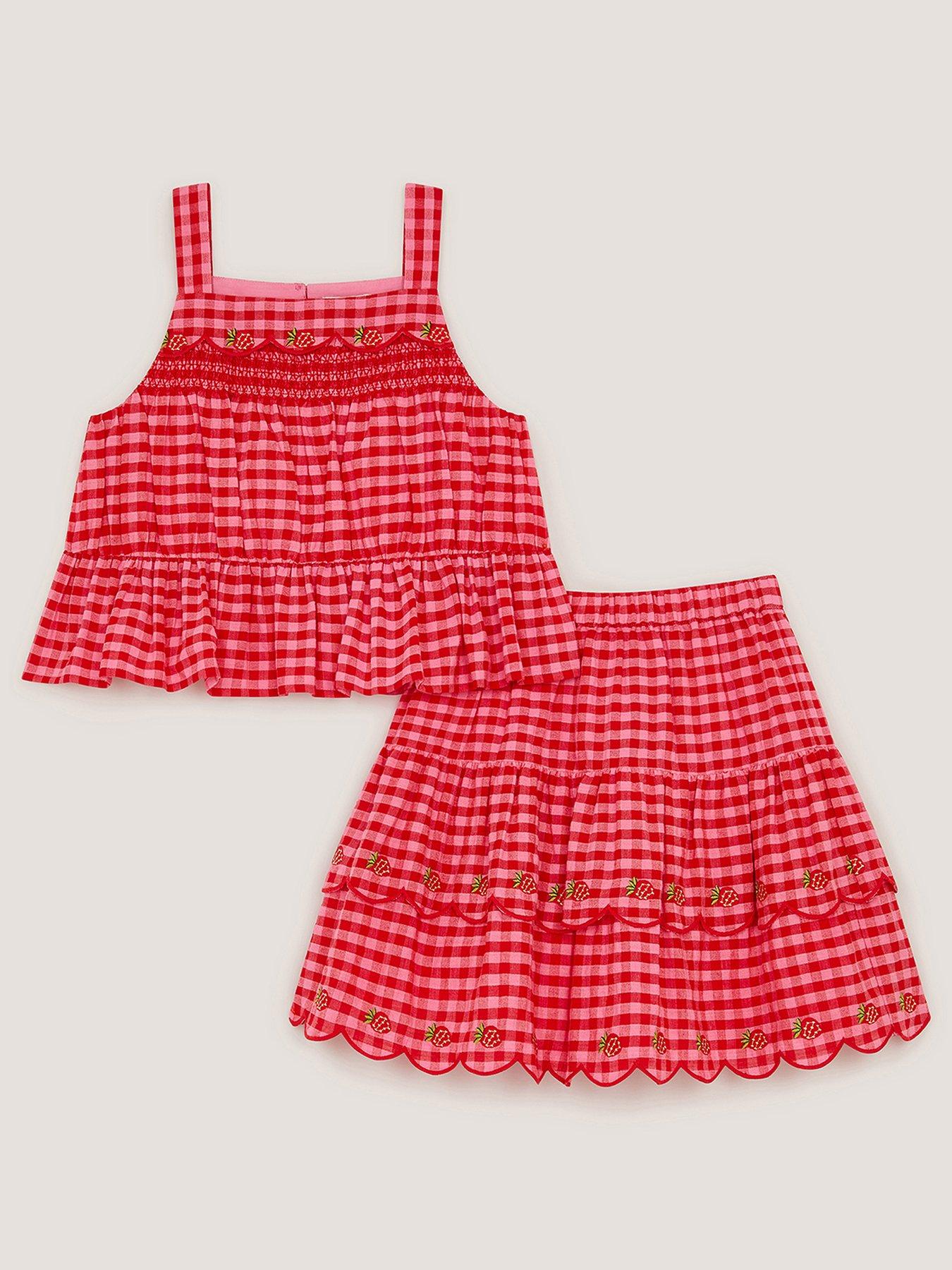 Image 1 of 3 of Monsoon Girls Strawberry Gingham Top &amp; Skirt Set - Red