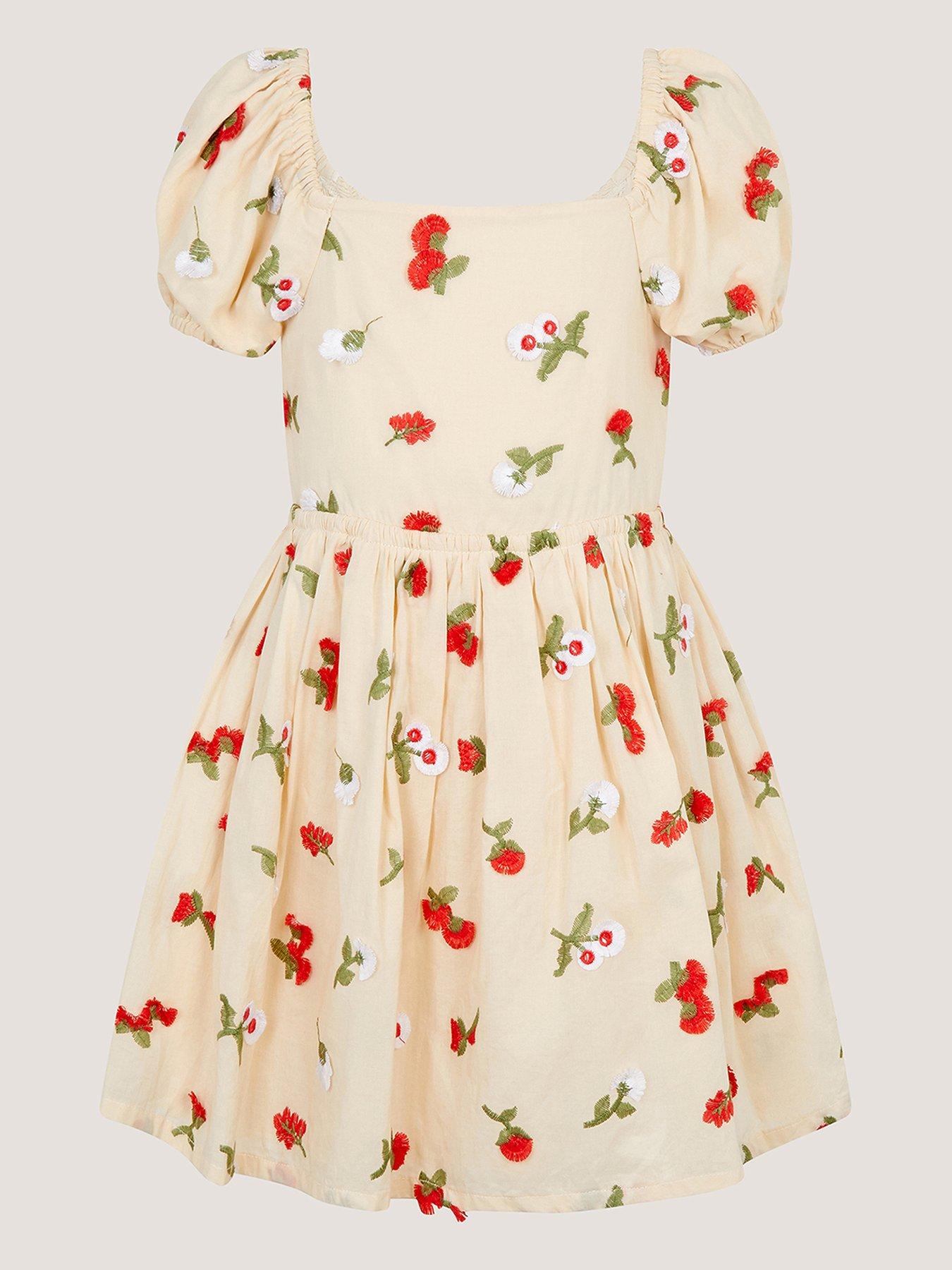 Monsoon Girls Strawberry 3D Flower Bow Dress, Light Cream, Size 3-4 Years