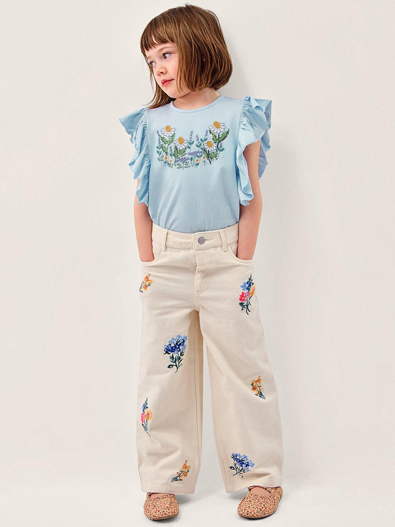 Monsoon Girls Sequin Denim Trousers, Light Cream, Size Age: 10 Years