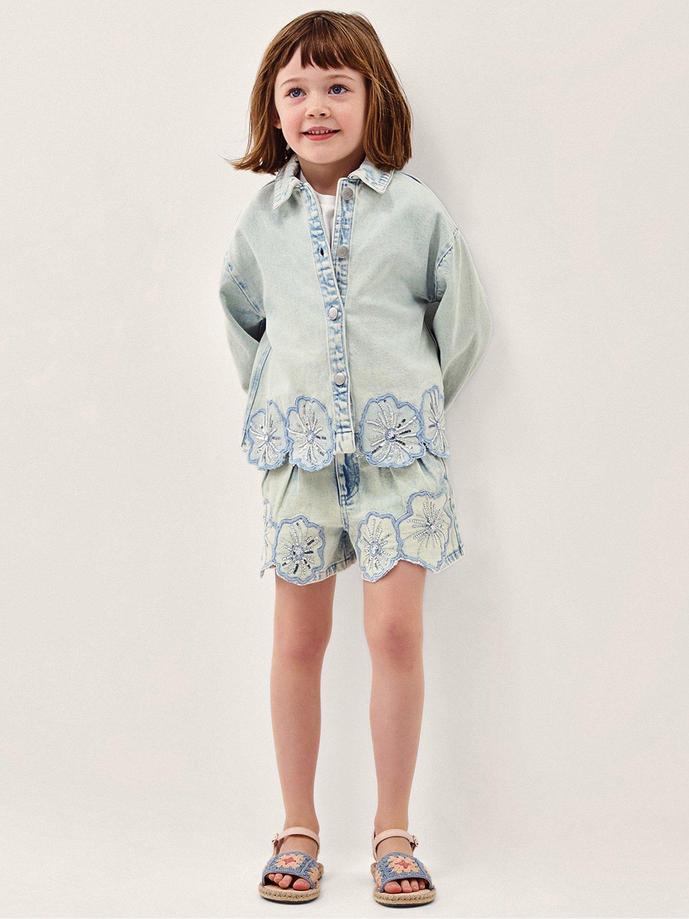 Image 1 of 5 of Monsoon Girls Flower Sequin Denim Jacket - Blue