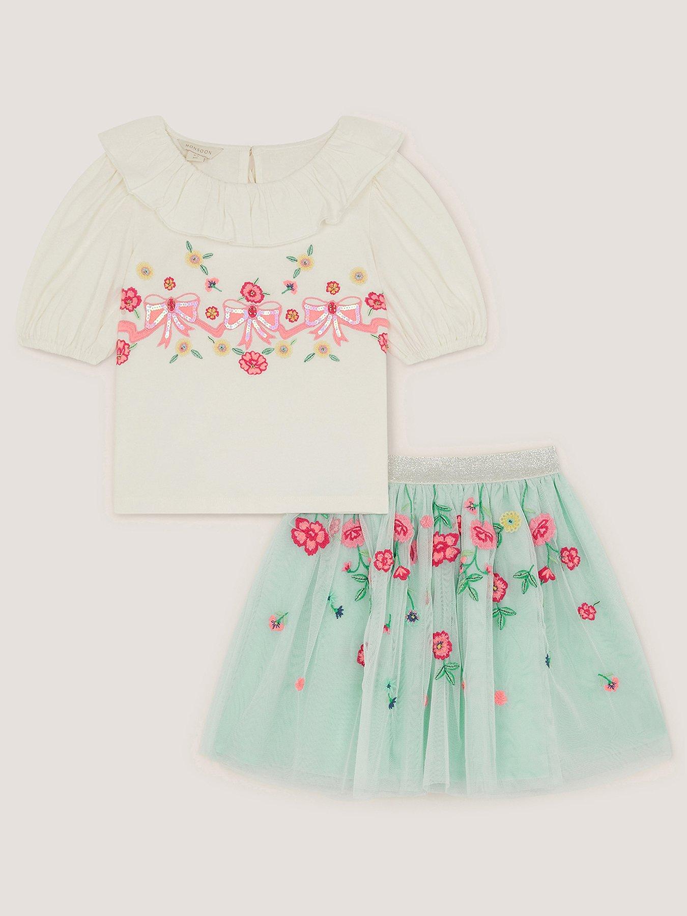 Monsoon Girls Bow Floral Top & Disco Skirt Set, Multi, Size Age: 12-13 Years