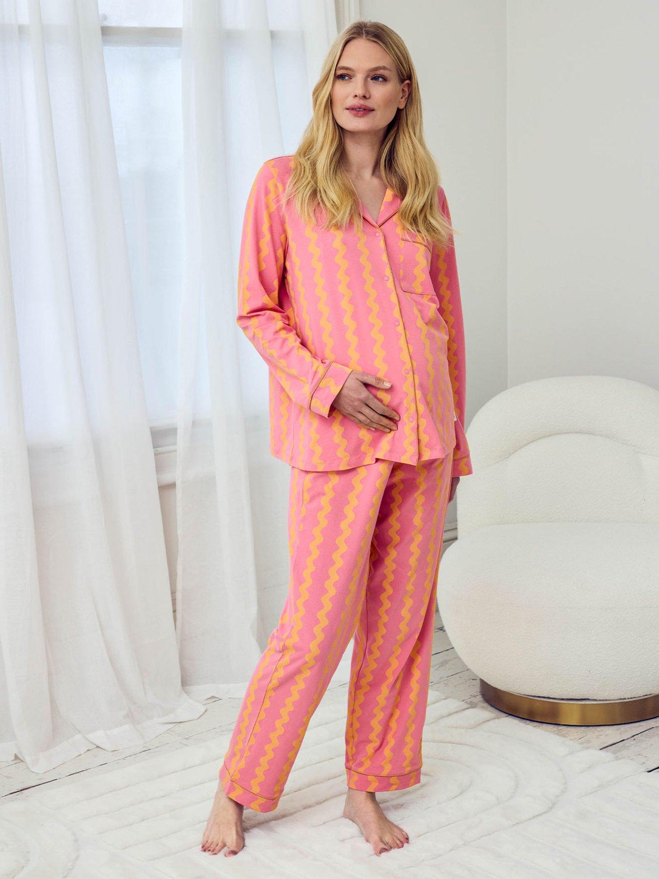 Image 1 of 5 of CHELSEA PEERS Maternity Ruffle Long Button Up Pyjama Set - Pink