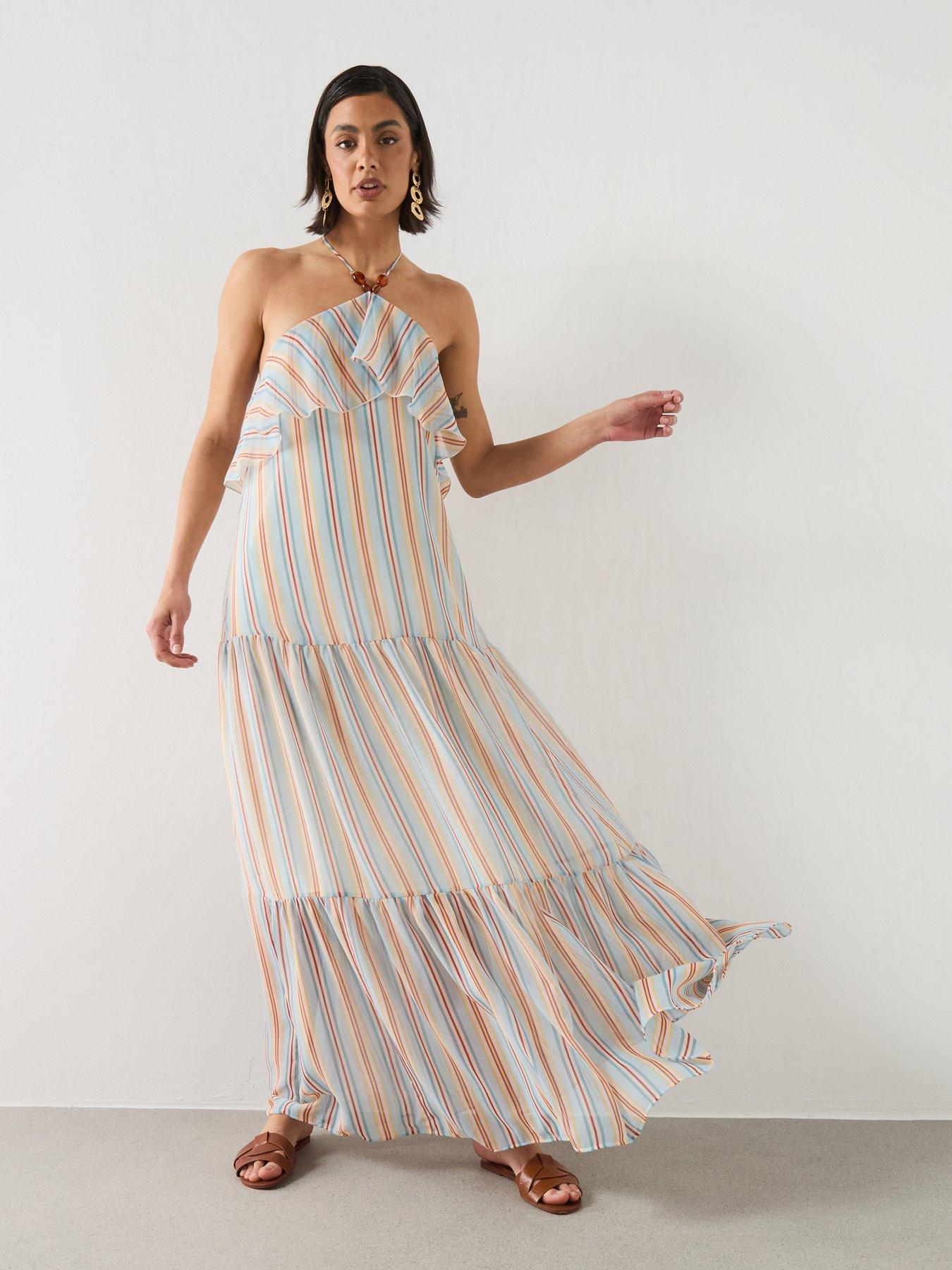 Mango Ruffled Striped Dress, Blue, Size L, Women