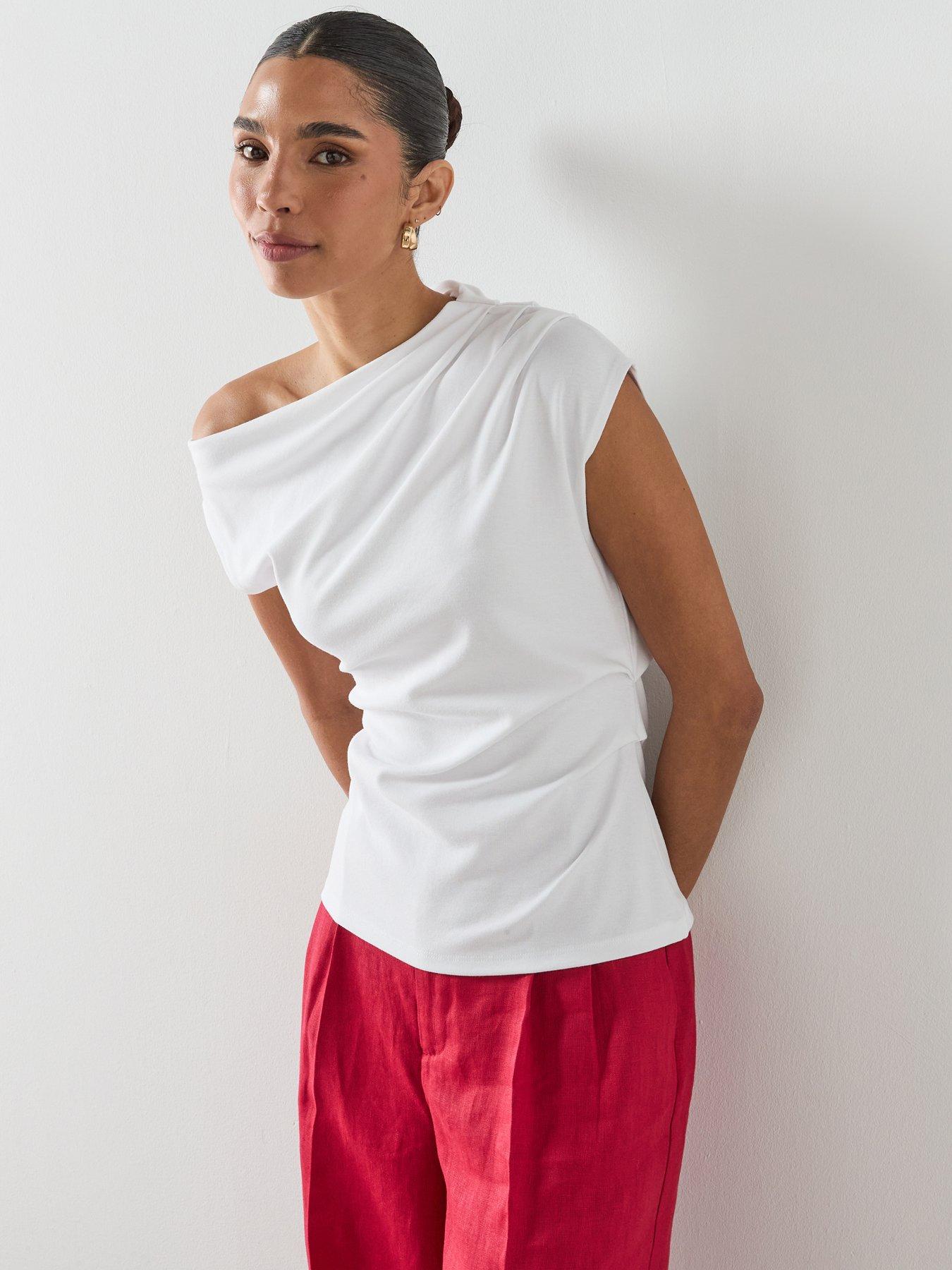 Image 1 of 6 of Mango Asymmetric Ruched Top - White