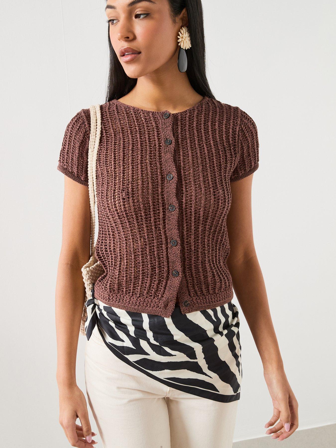 Mango Short-sleeved Crochet Cardigan - Brown