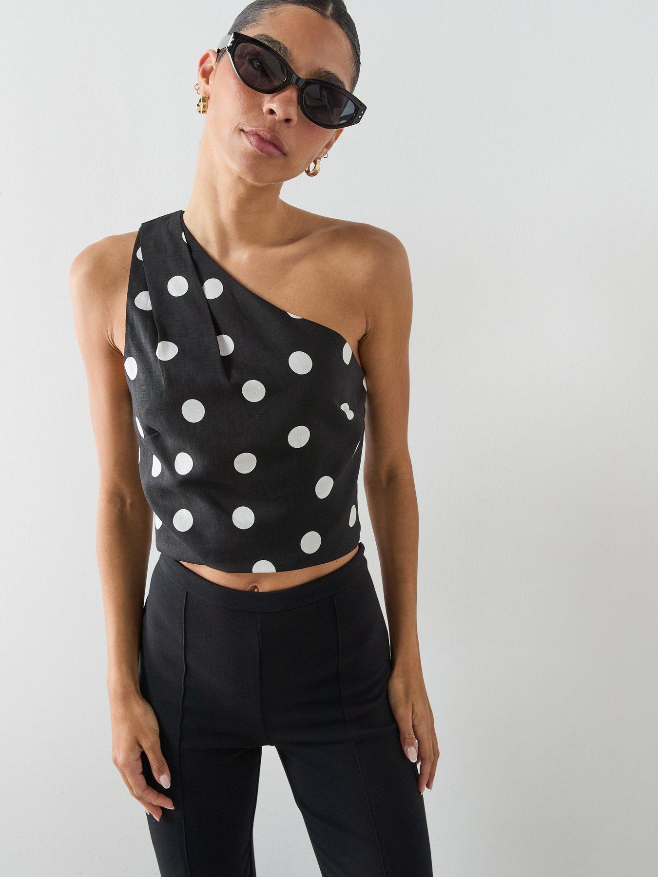 Mango Asymmetric Polka Dot Top, Black, Size L, Women