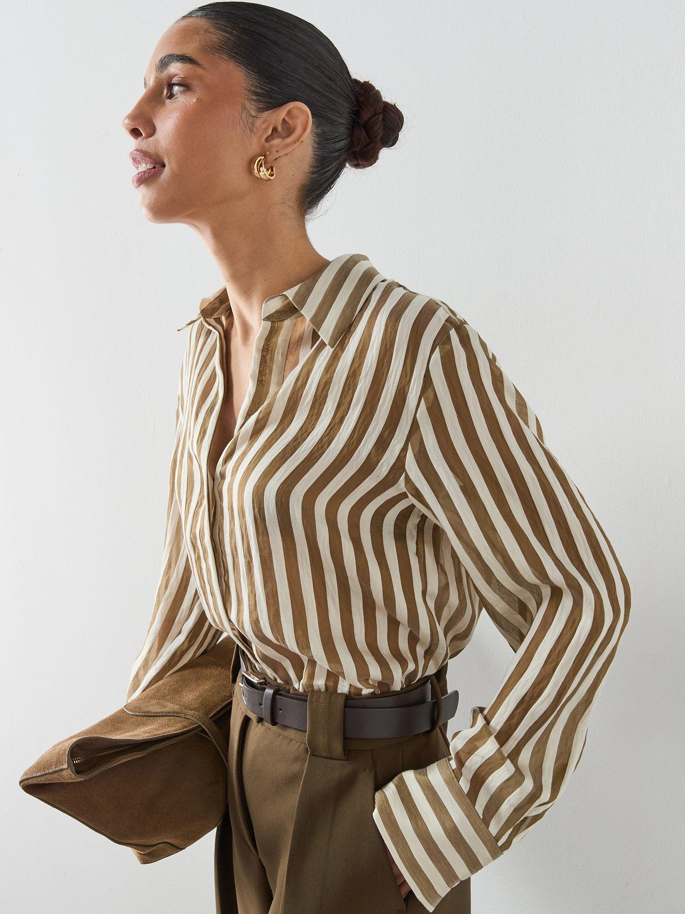 Mango Semi-Transparent Striped Lyocell Shirt - Khaki