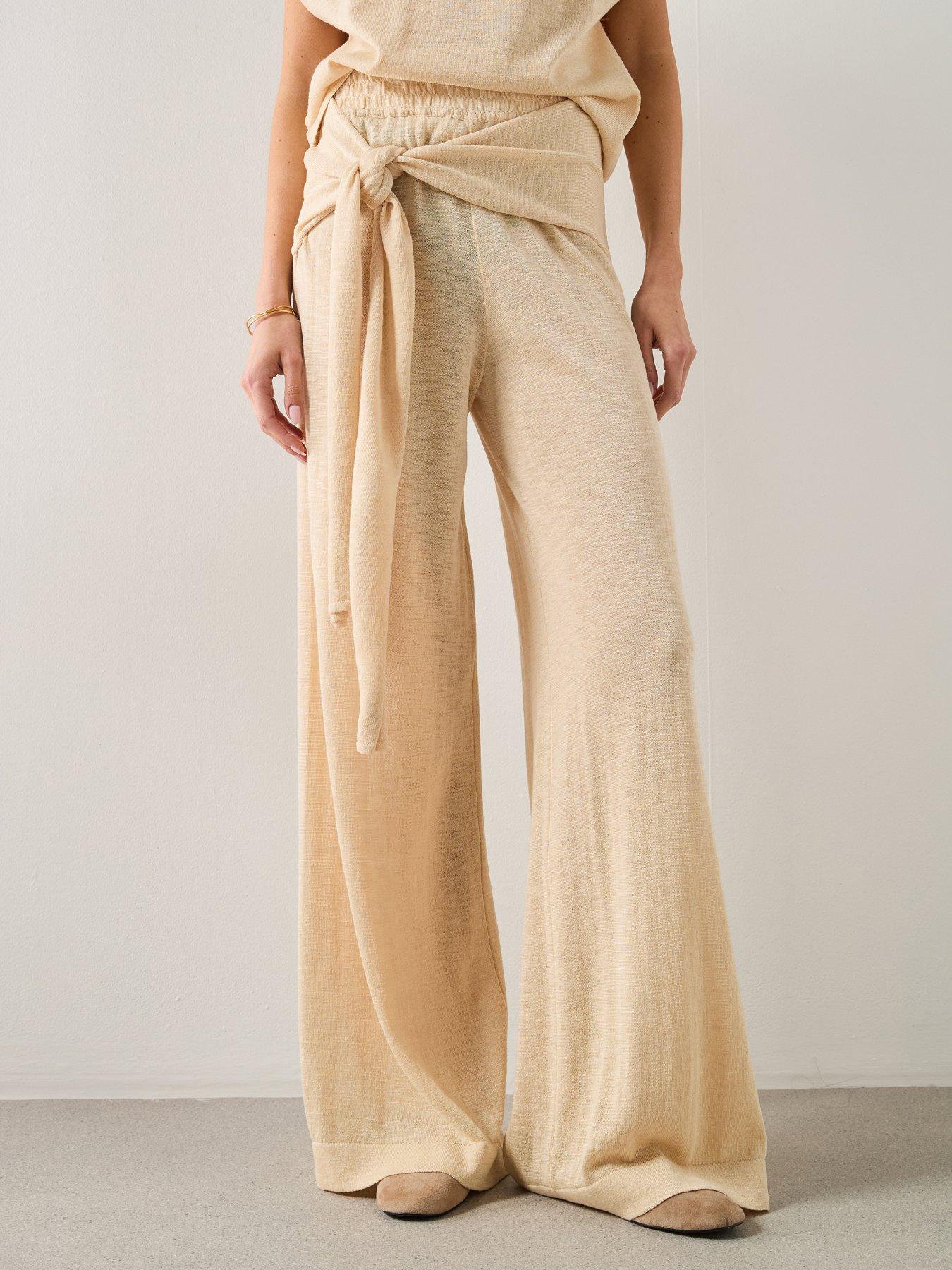 Mango Fine Knit Trousers With Knot Detail - Cream - Beige