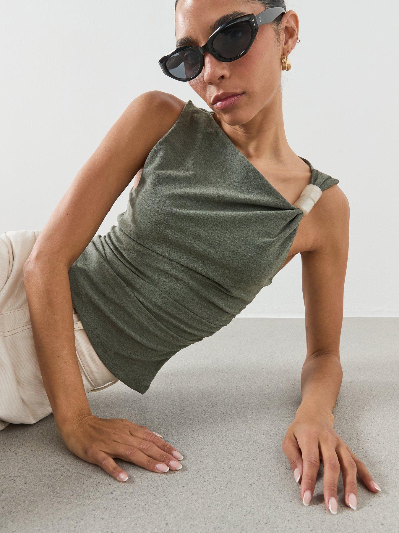 Mango Asymmetric Ruched Top - Green | Very