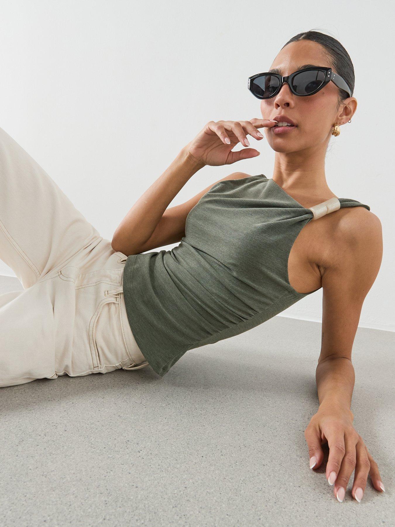 Mango Asymmetric Ruched Top - Green | Very