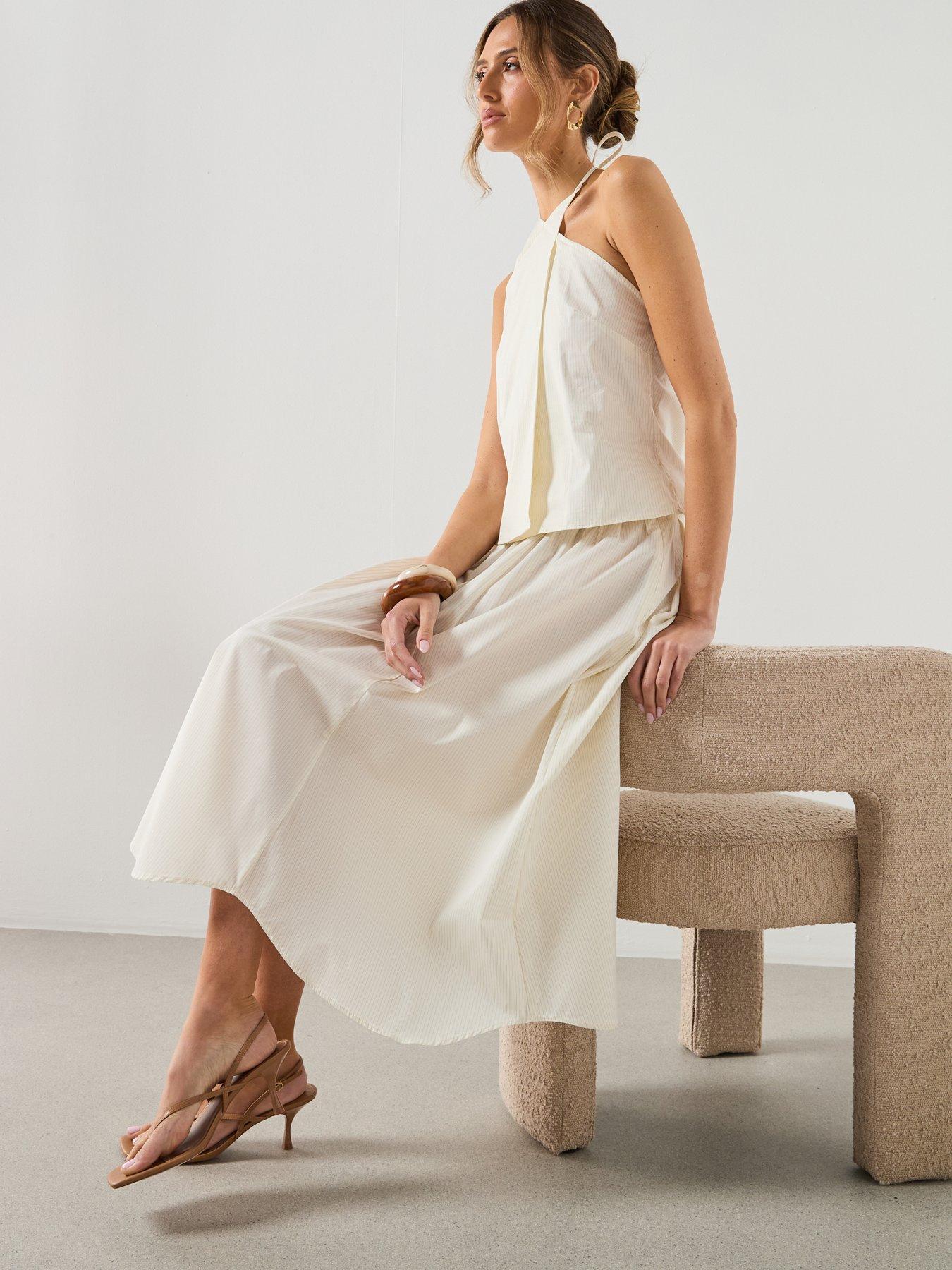 Image 4 of 5 of Mango A-line Cotton Co-ord Skirt With Stripes - Beige