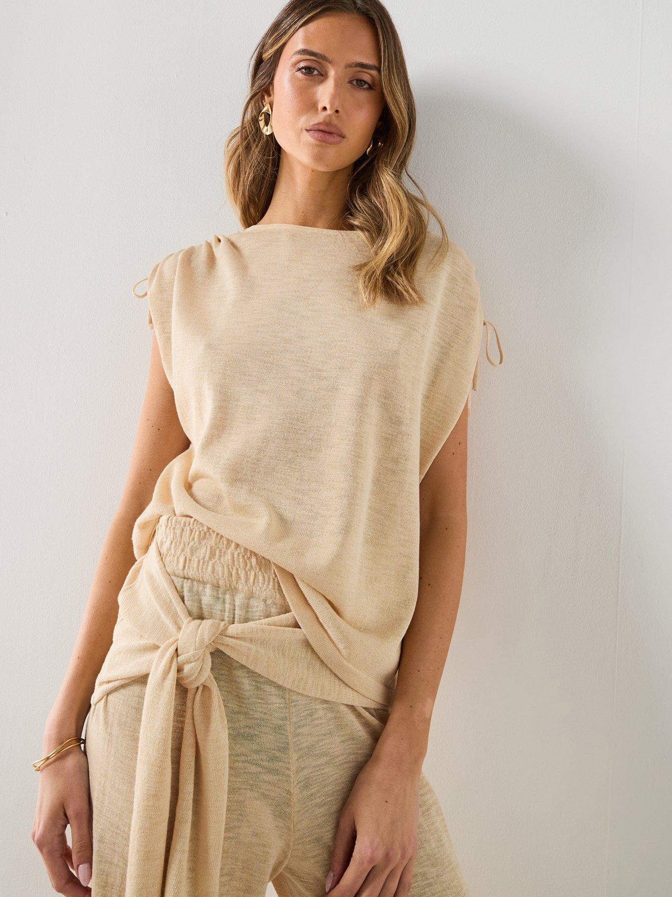 Mango Short-Sleeved Fine-Knit Sweater - Beige