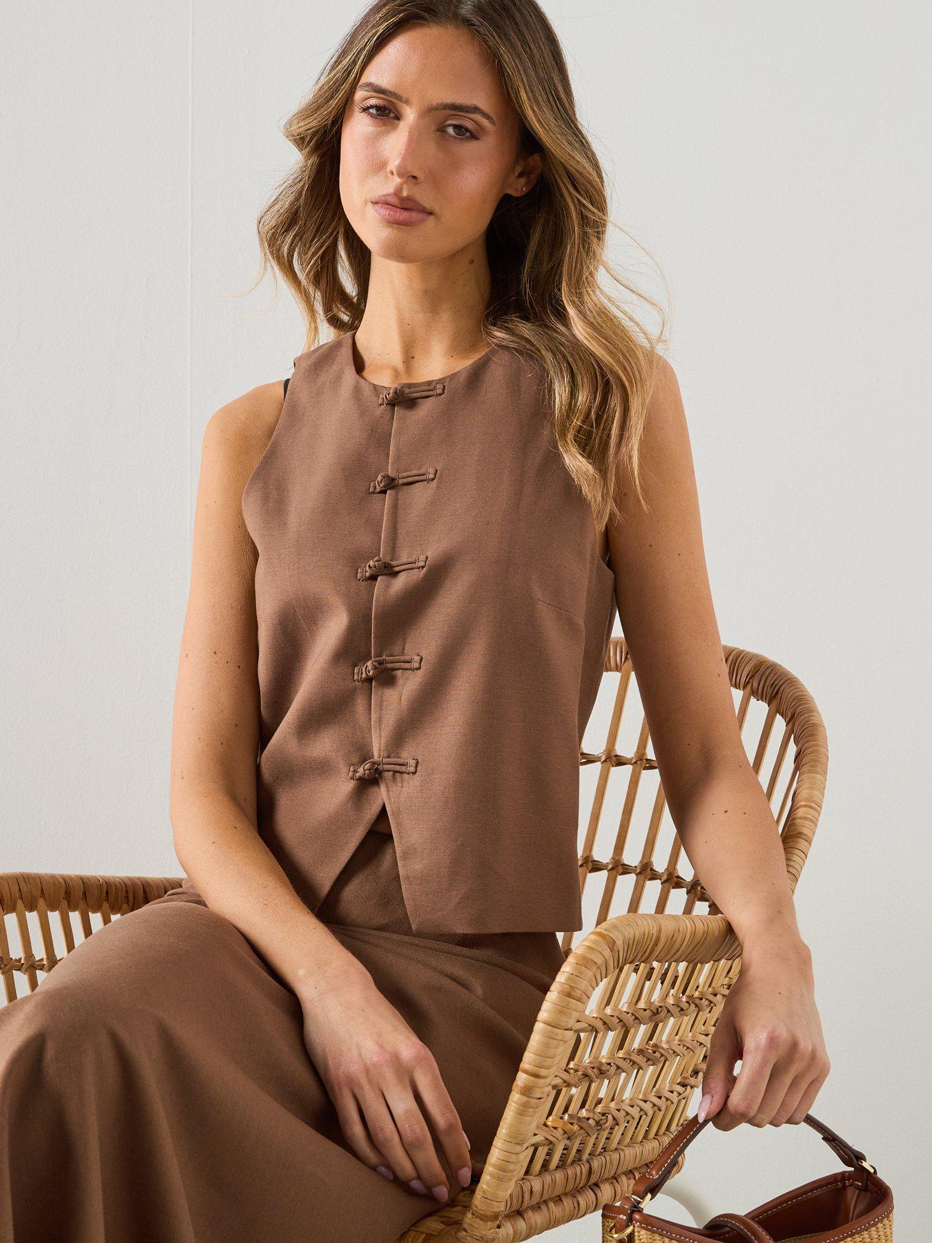 Image 4 of 6 of Mango Linen Co-ord Toggle Waistcoat - Brown