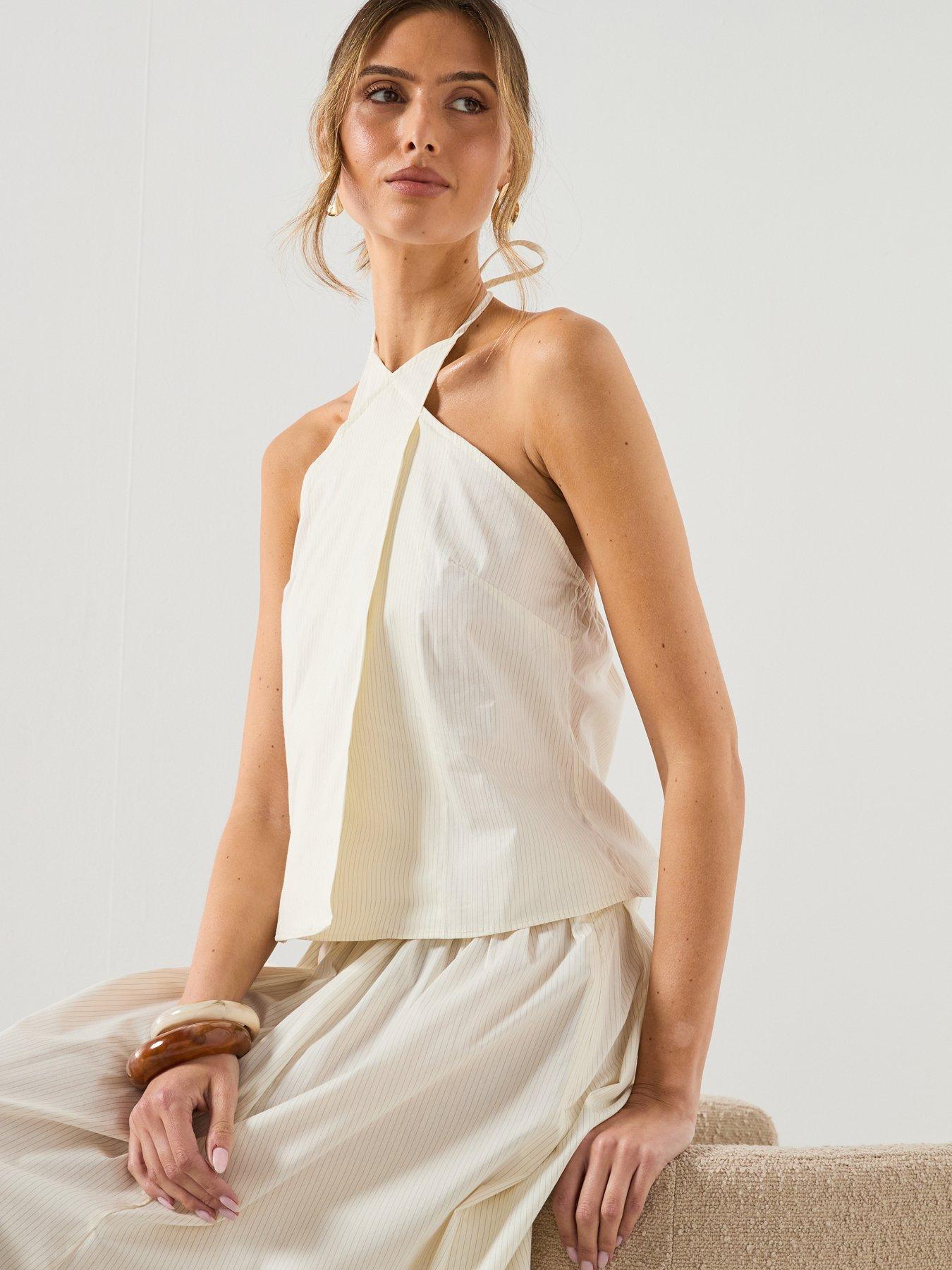 Image 3 of 6 of Mango Striped Co-ord Halter Neck Top - Cream