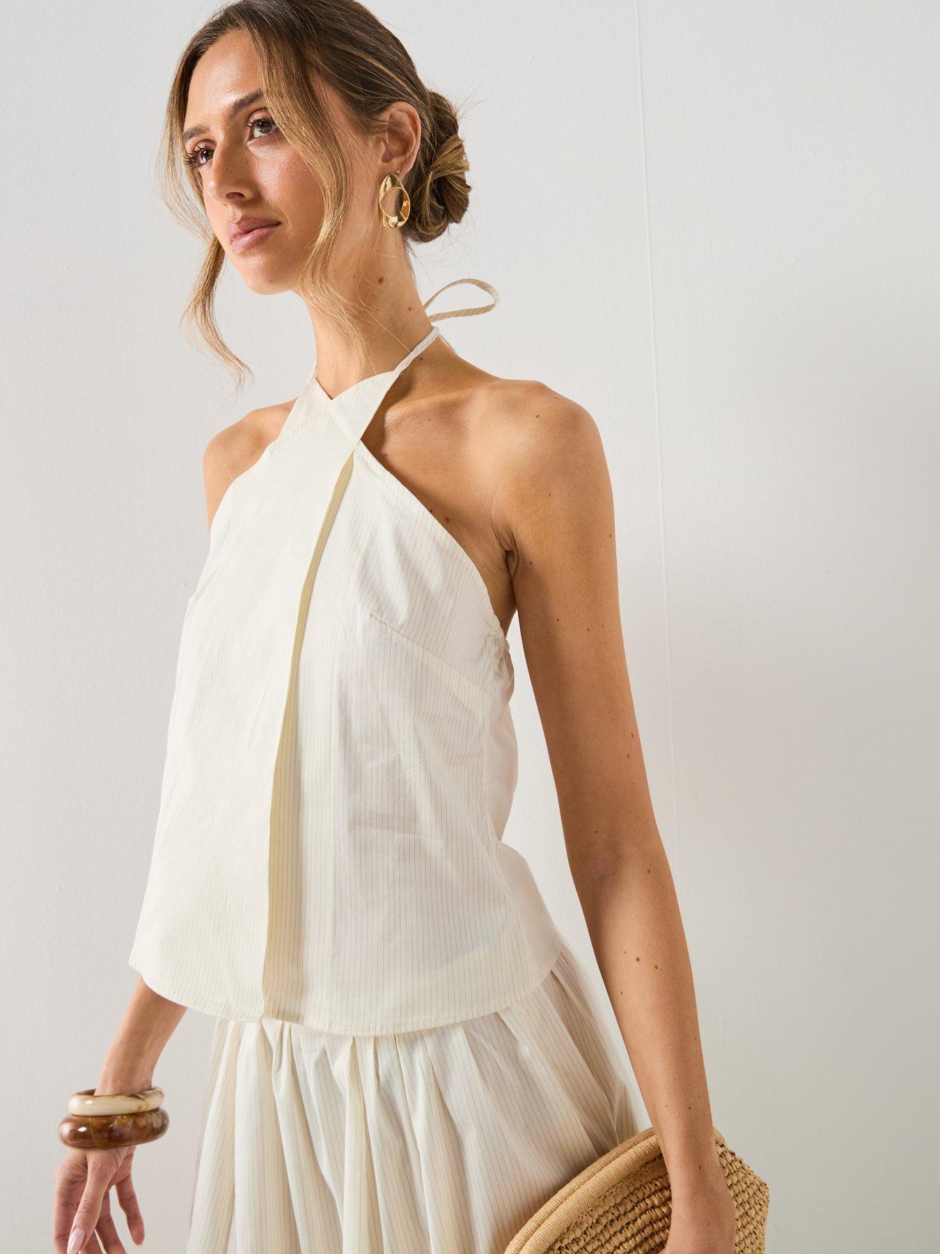 Image 4 of 6 of Mango Striped Co-ord Halter Neck Top - Cream