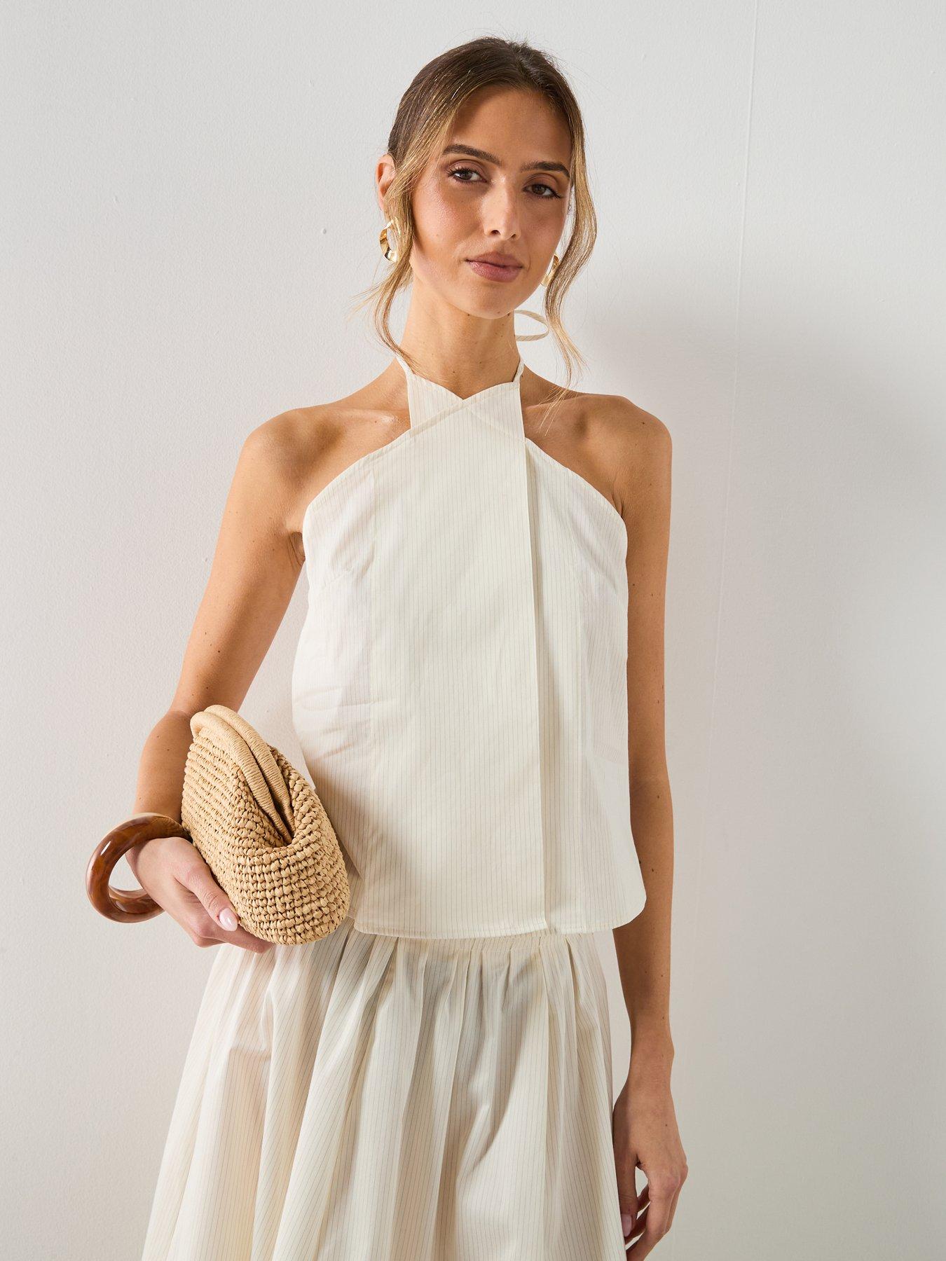 Image 6 of 6 of Mango Striped Co-ord Halter Neck Top - Cream
