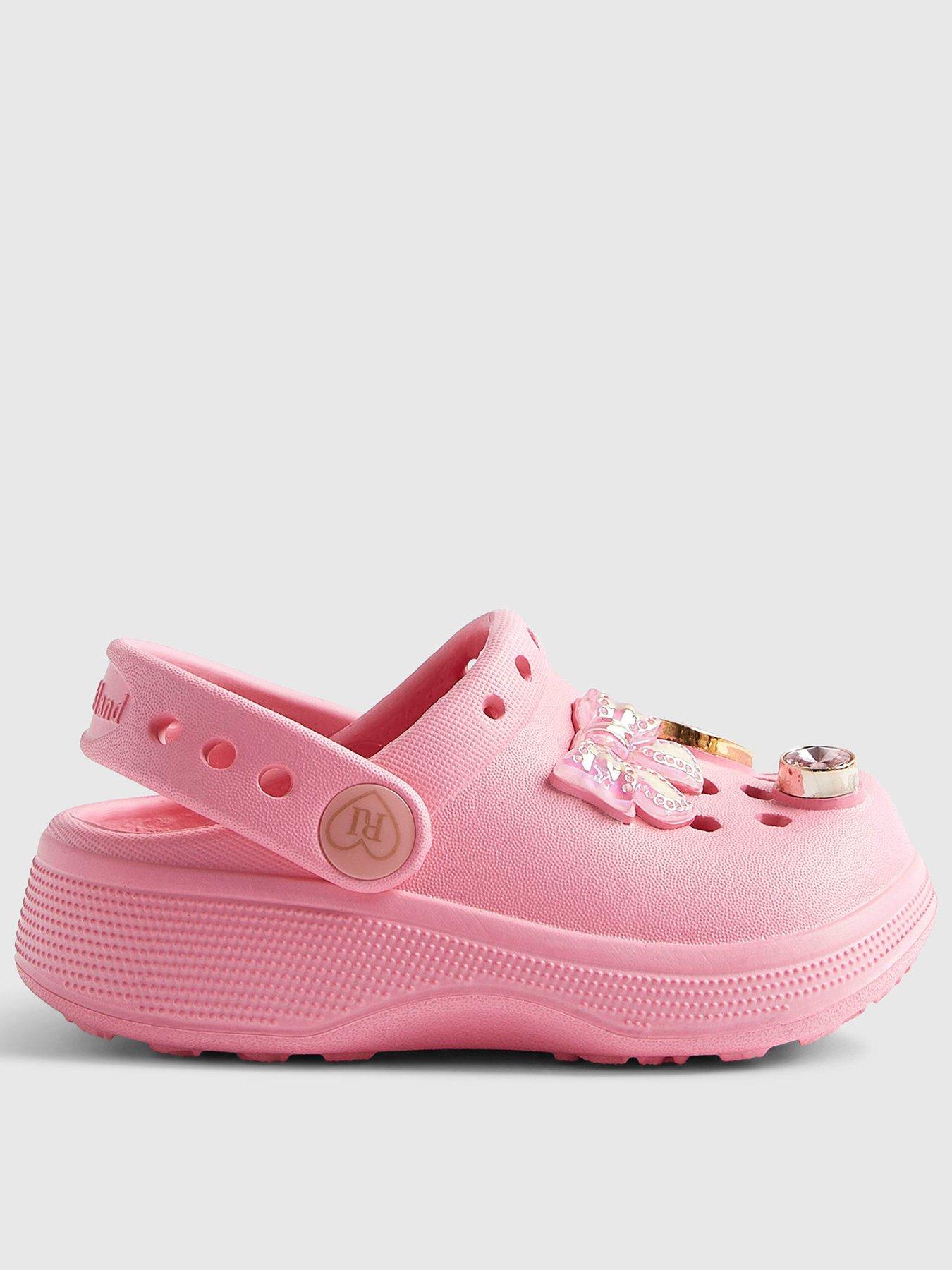 Image 1 of 5 of River Island Mini Girls Bow Gem Clog Sandals - Pink