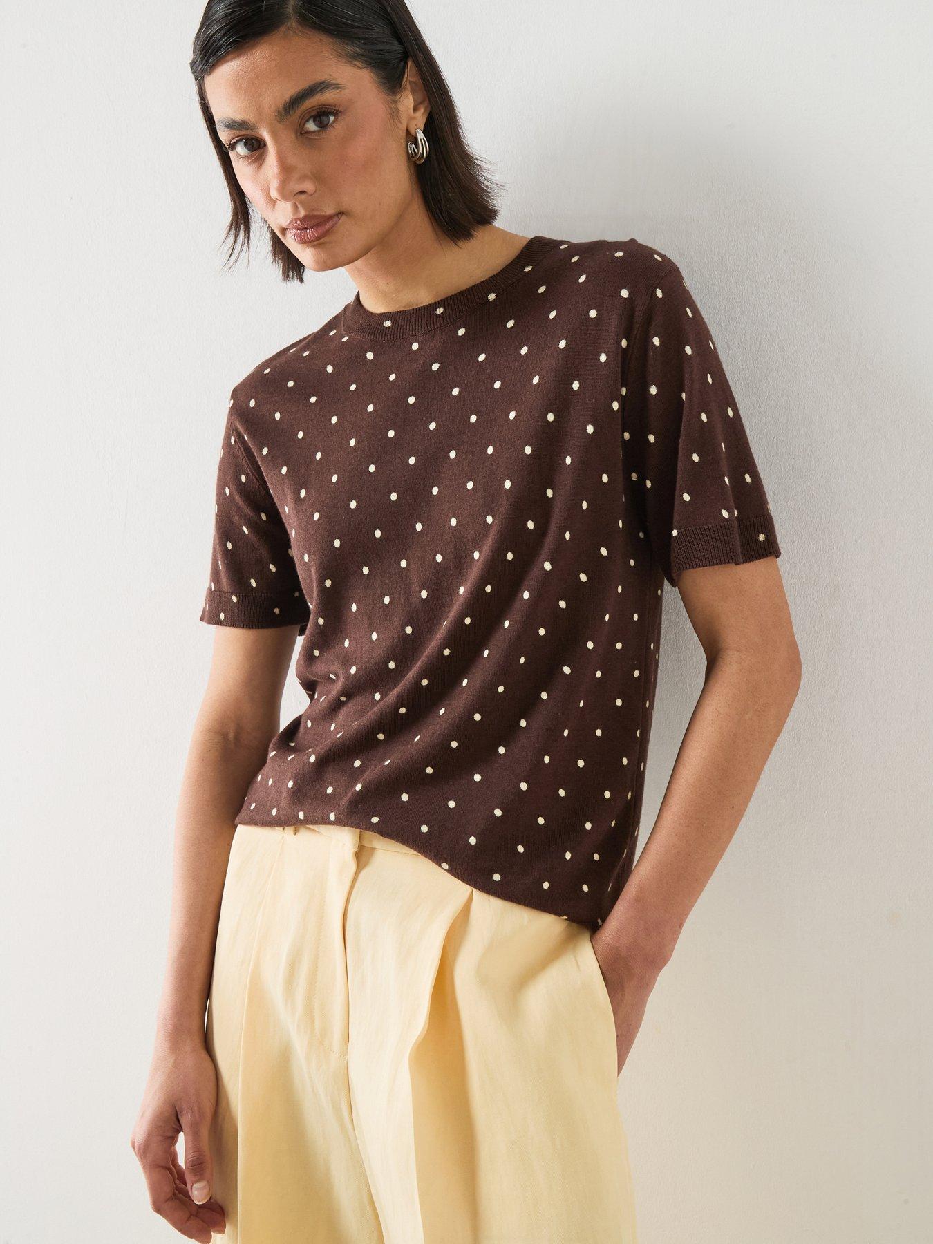 Image 1 of 6 of Mango Polka-Dot Knitted Sweater - Brown