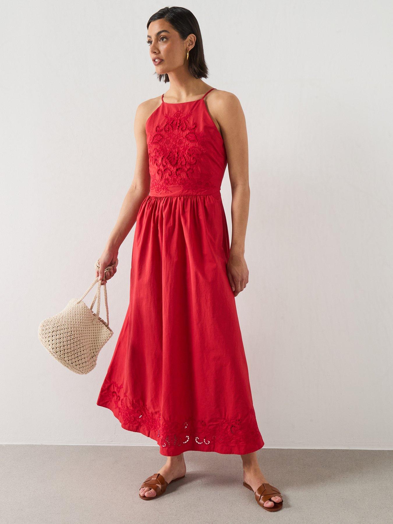 Mango Cotton Dress With Openwork Embroidery - Red | Very