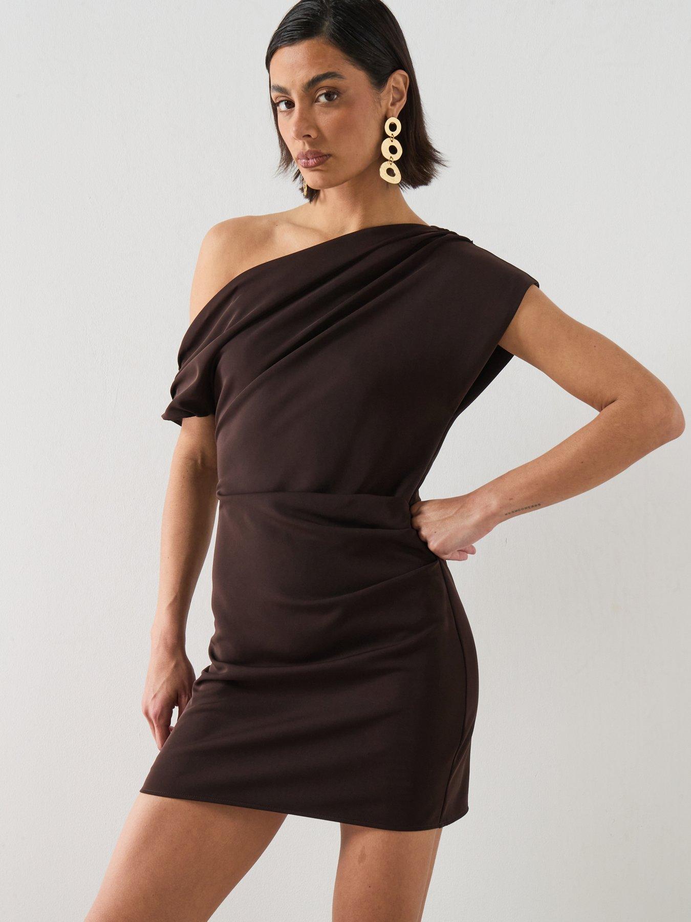 Mango Asymmetrical Pleated Dress, Brown, Size S, Women