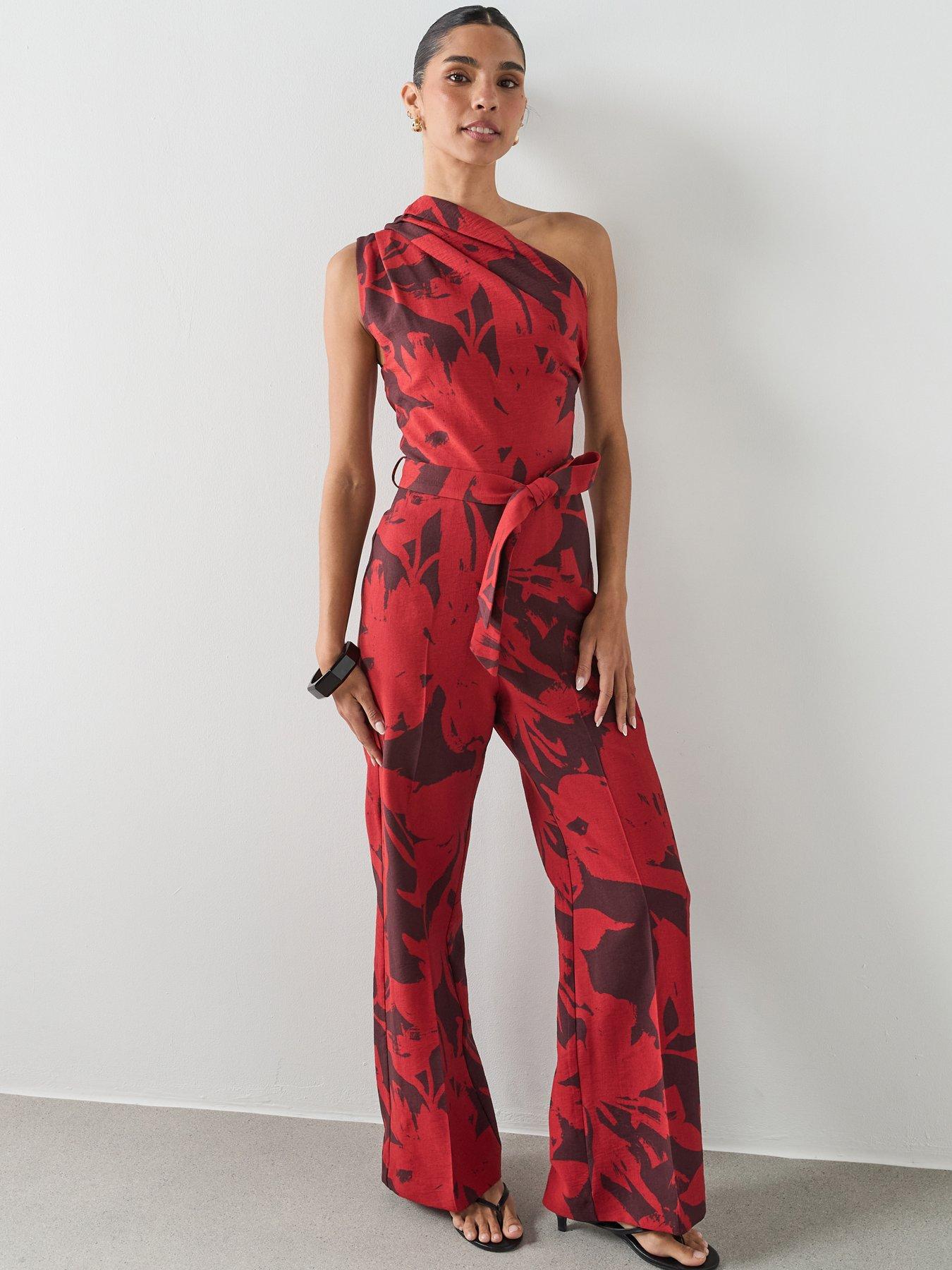 Image 1 of 6 of Mango Printed Asymmetrical Jumpsuit - Red