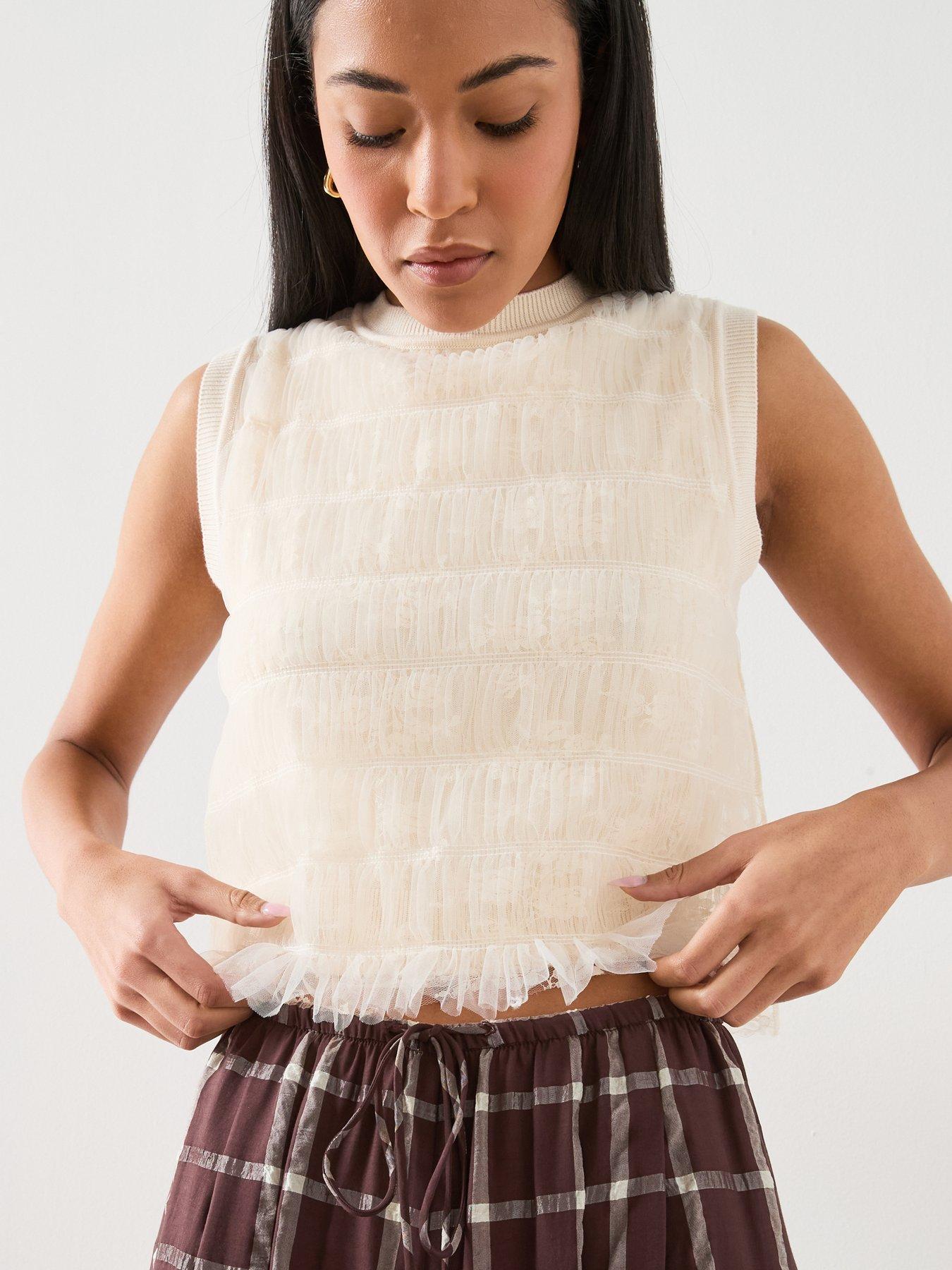 Mango Ruched Mixed Fabric Top - Cream - Beige