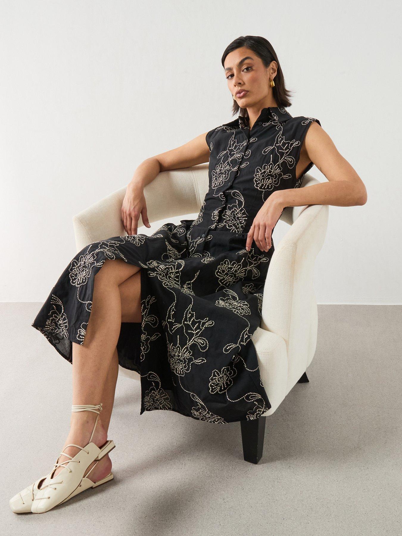 Mango Embroidered Floral Shirt Dress - Black