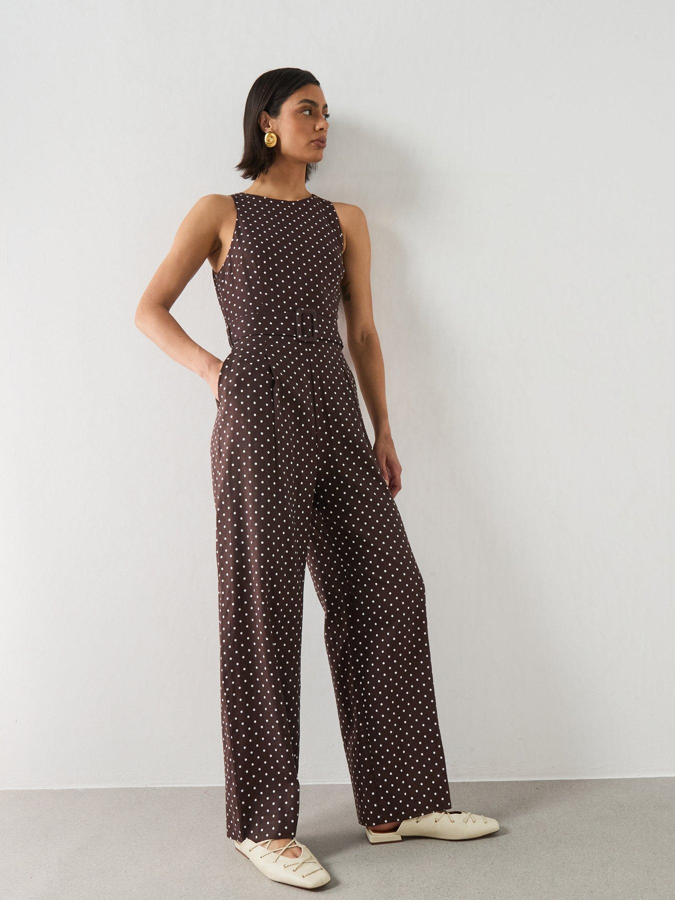 Mango Linen Jumpsuit With Polka-Dot Belt - Brown