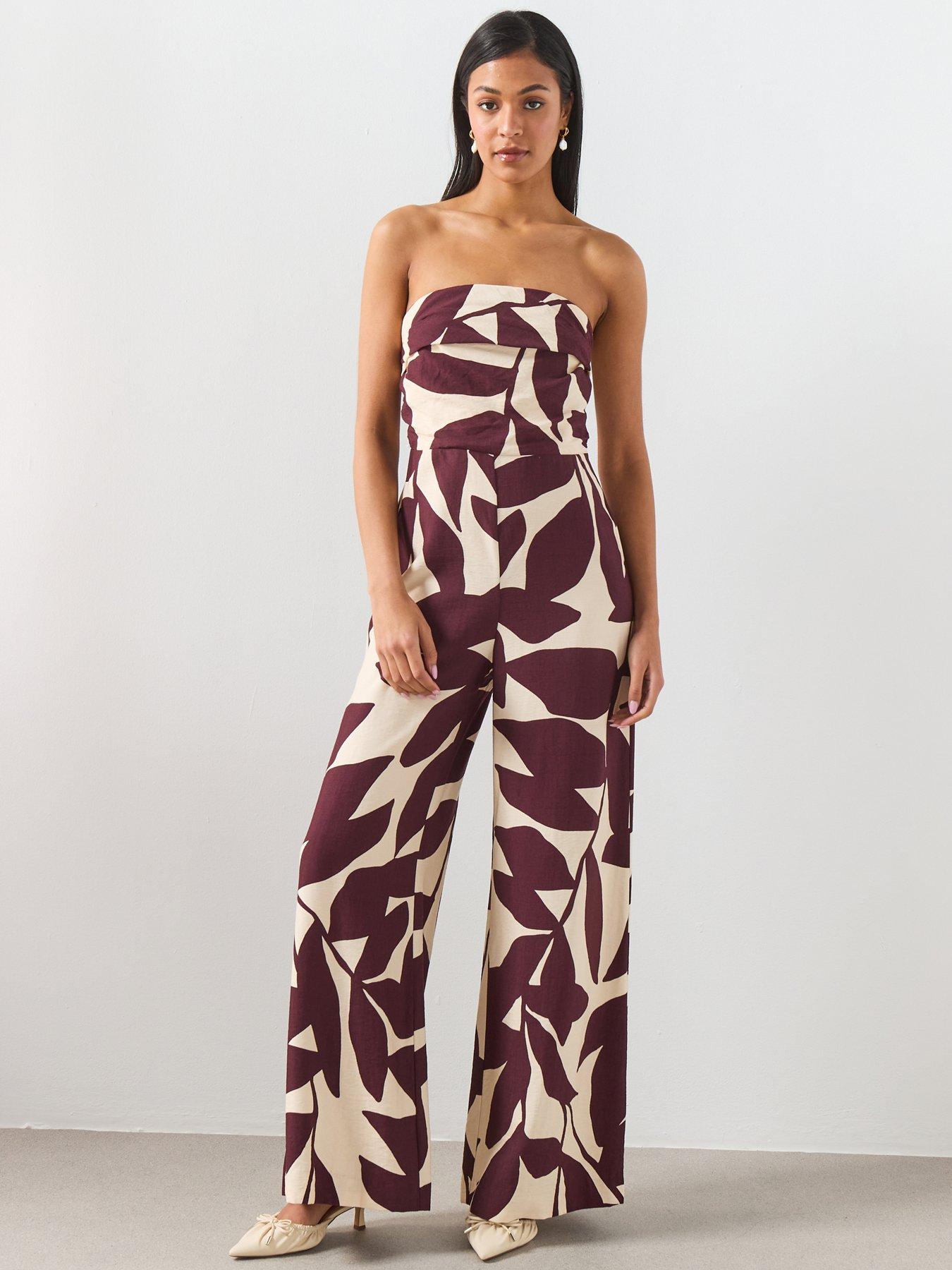 Image 1 of 6 of Mango Printed Strapless Jumpsuit - Cream