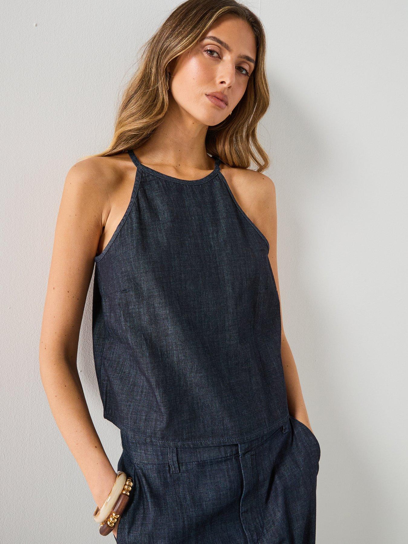 Mango Halter Neck Denim Top, Blue, Size L, Women