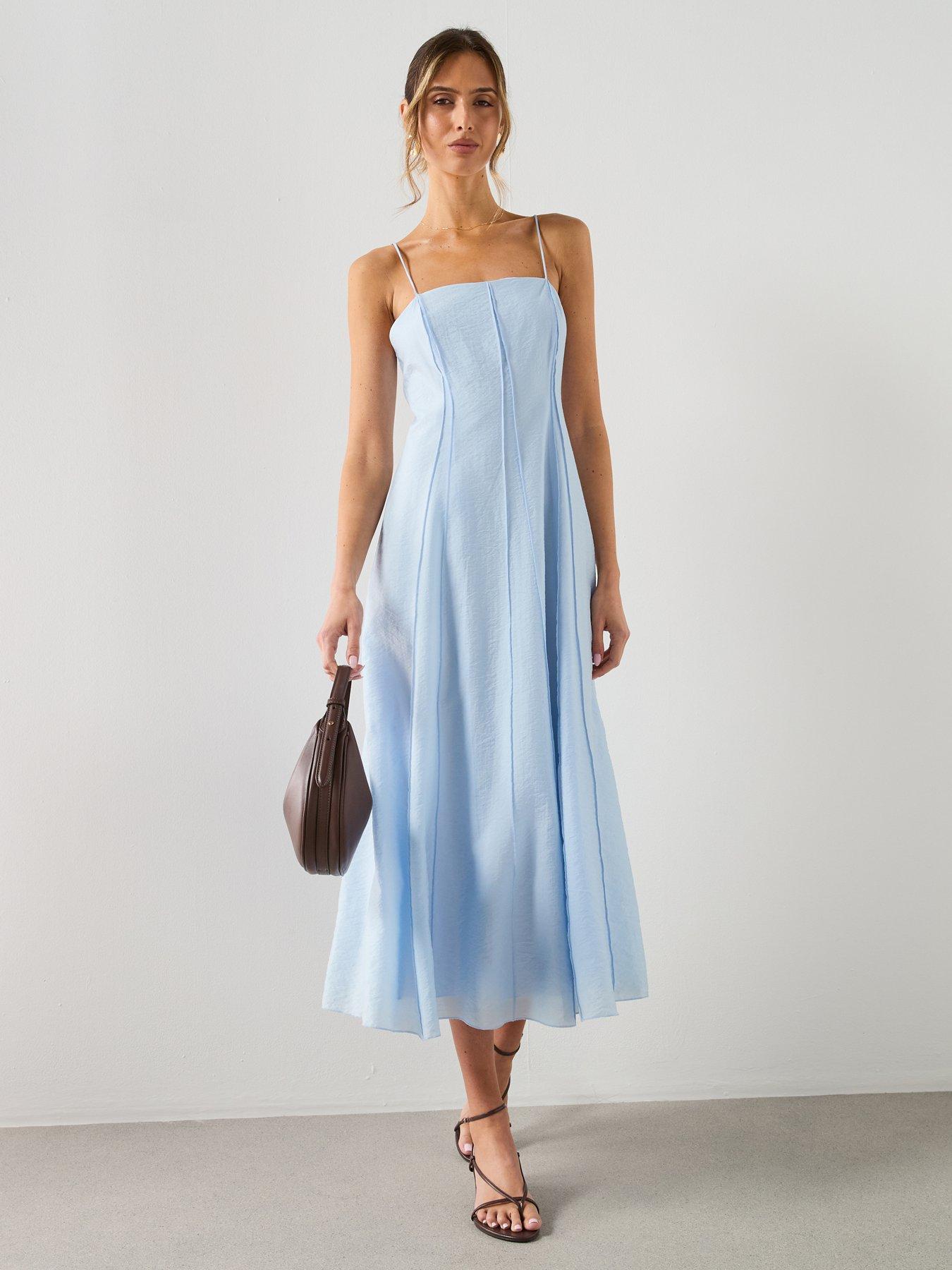 Image 1 of 5 of Mango Lyocell Dress With Stitching Detail - Blue